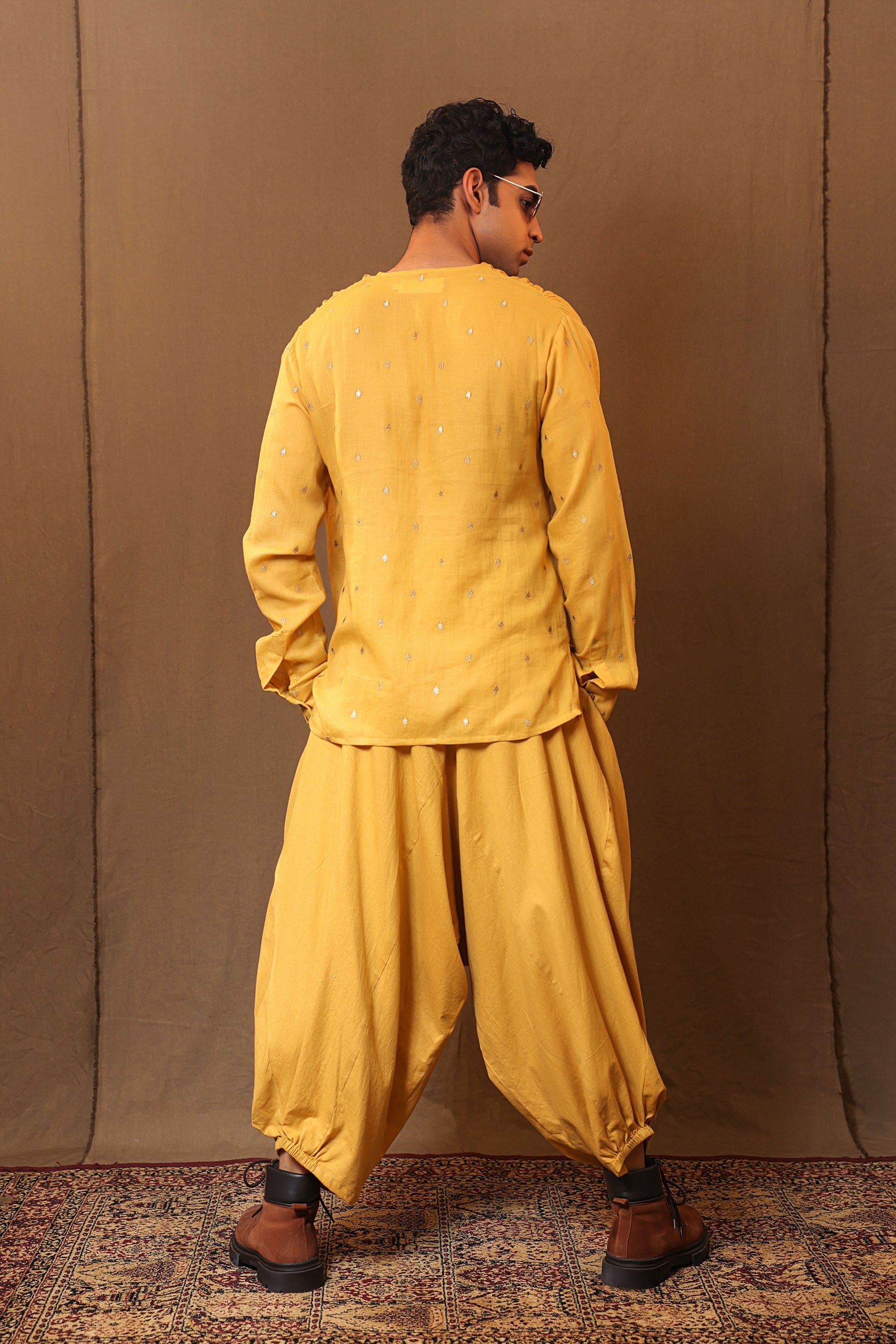 Zari motif embroidery detail on mustard cotton overlap shirt by MATI