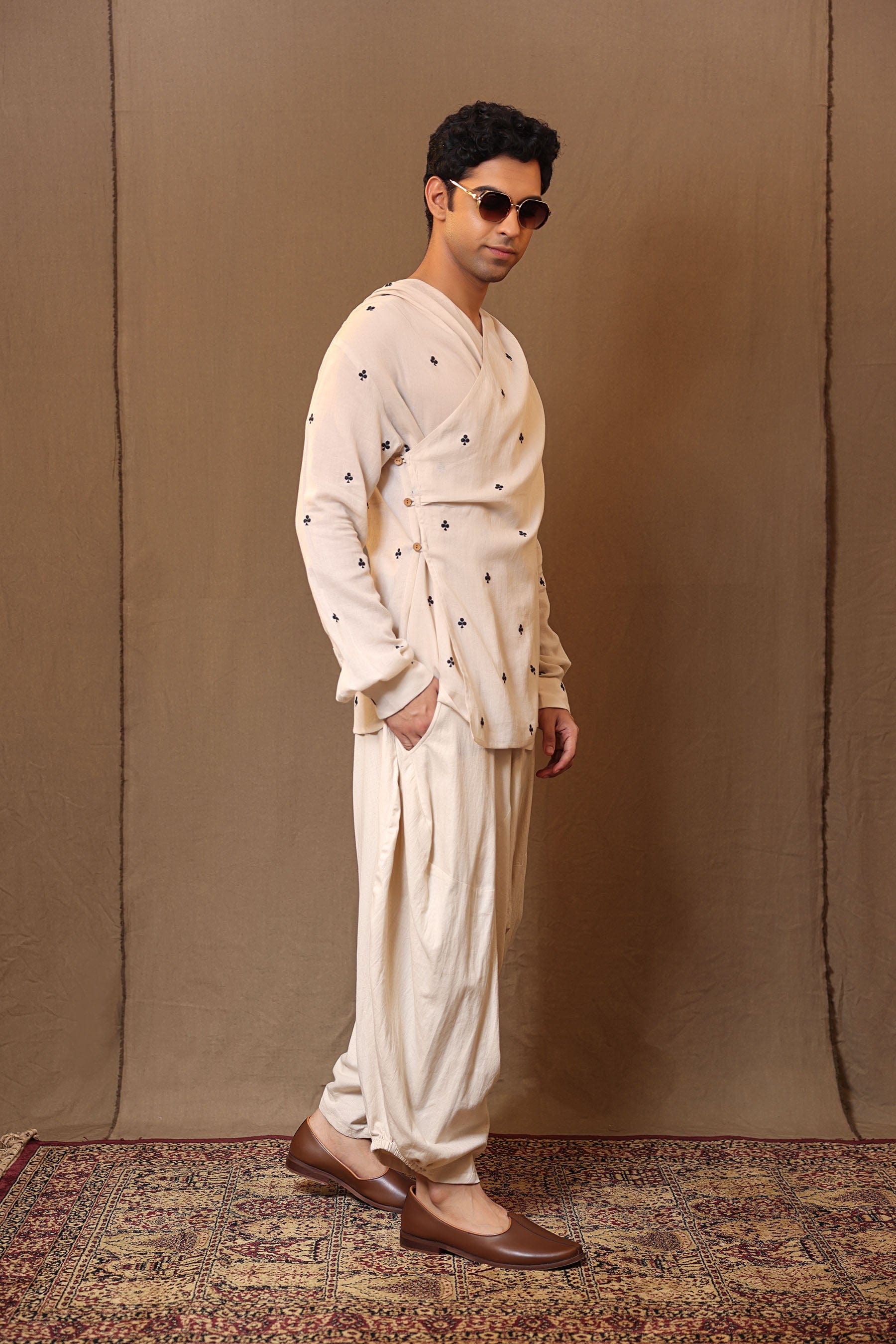 Men's off-white embroidered overlap shirt styled – side view- MATI TAASH menswear