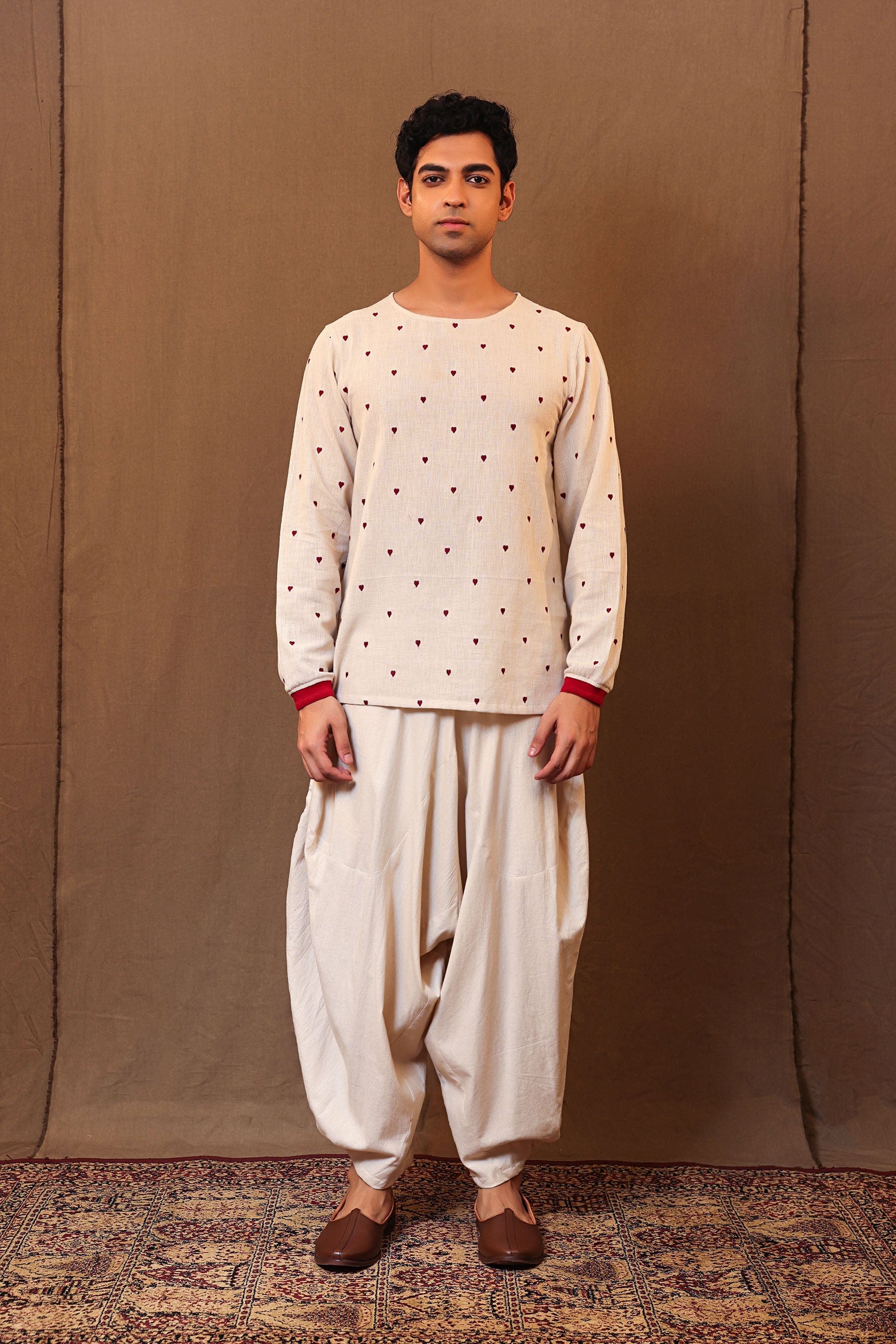 Men's off-white handspun cotton baggy pants – front view – MATI TAASH 2