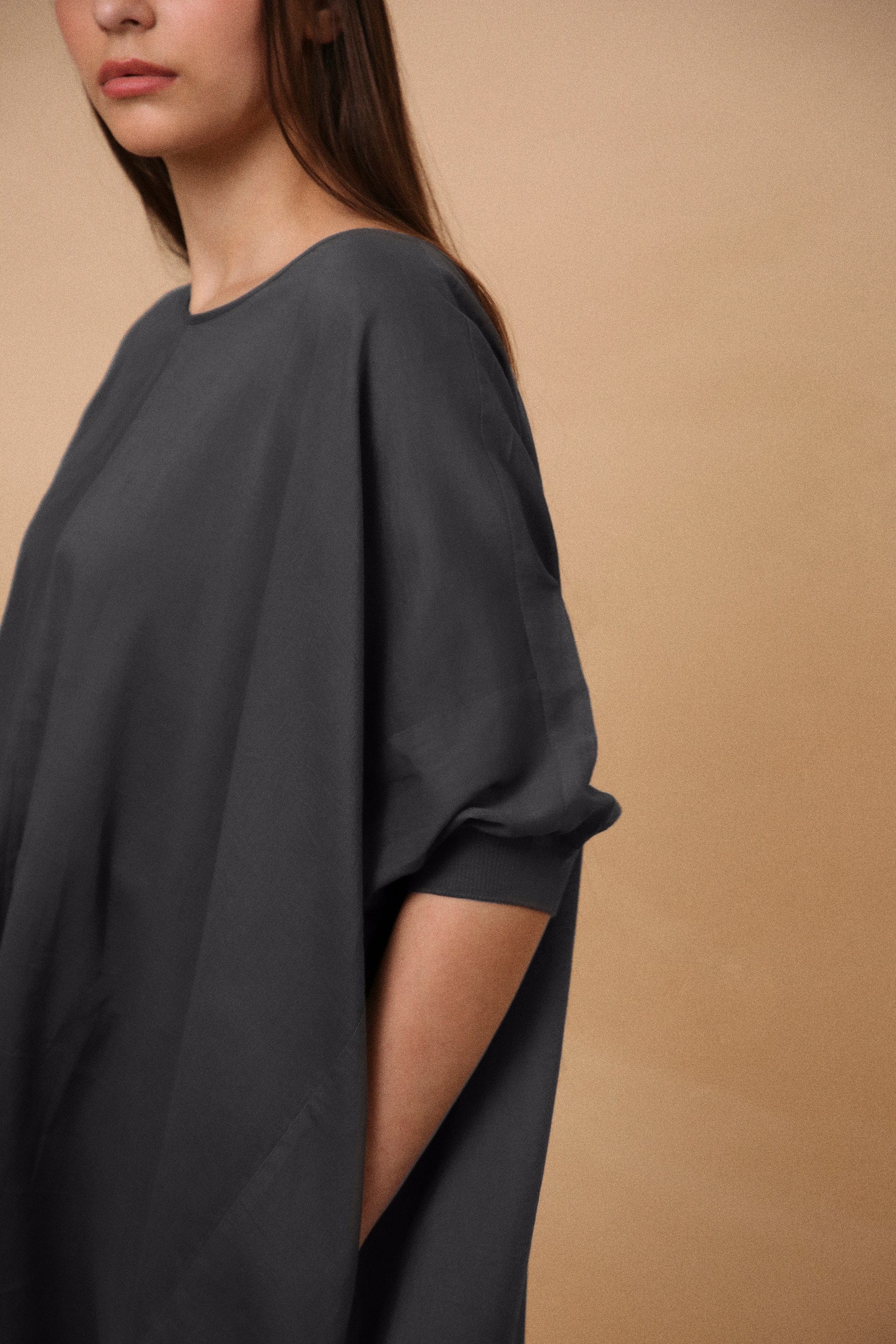 Handspun cotton mul kaftan cowl tunic co-ord set in ash grey with rib collar, camisole inner and narrow pants, by MATI India