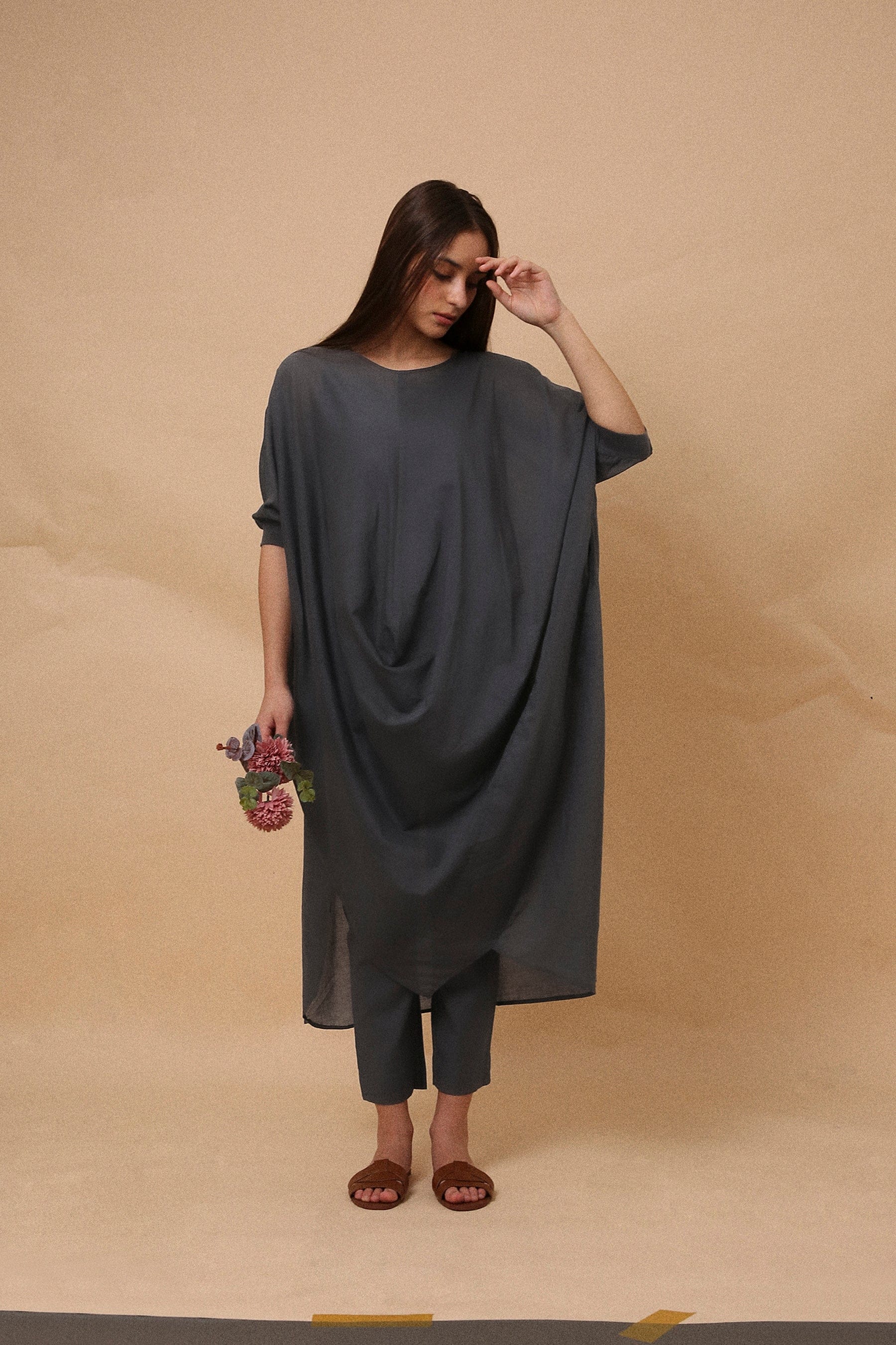 Handspun cotton mul kaftan cowl tunic co-ord set in ash grey with rib collar, camisole inner and narrow pants, by MATI India