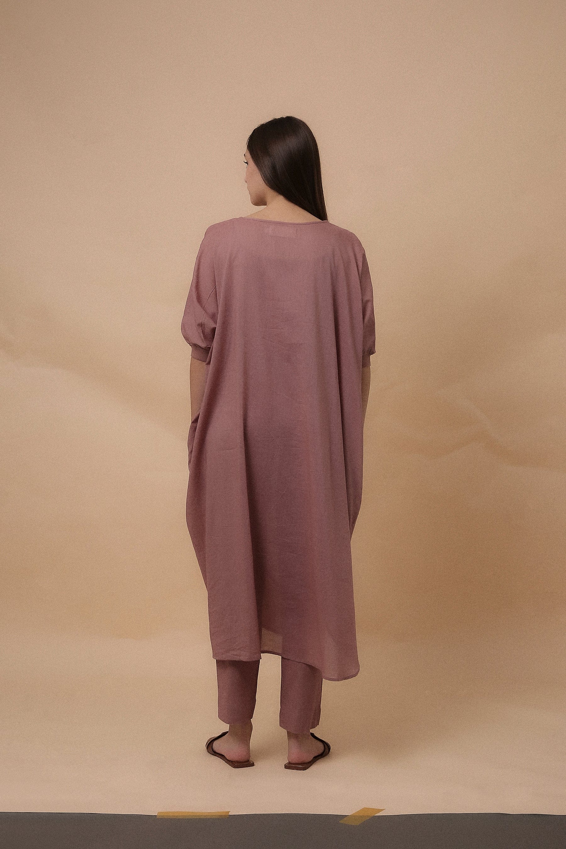 Handspun cotton mul kaftan cowl tunic co-ord set in blush with rib collar, camisole inner and narrow pants, by MATI India