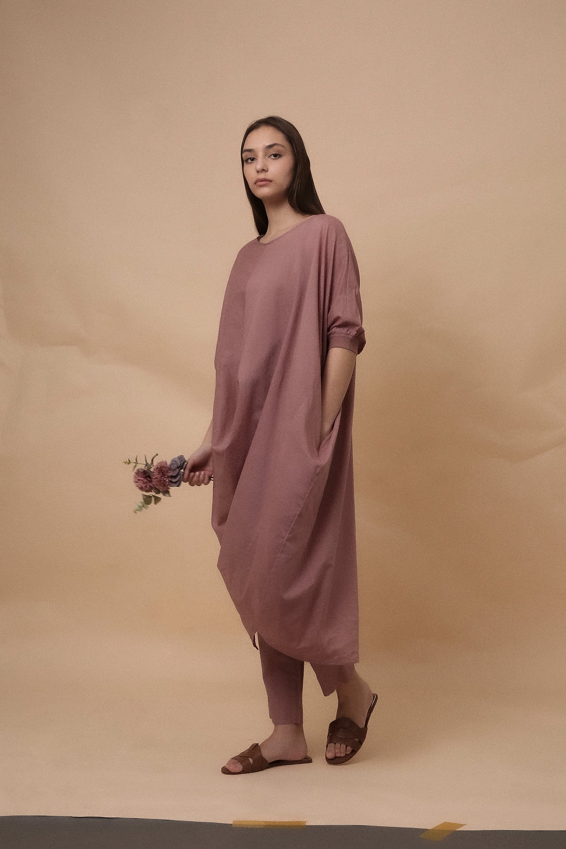 Handspun cotton mul kaftan cowl tunic co-ord set in blush with rib collar, camisole inner and narrow pants, by MATI India