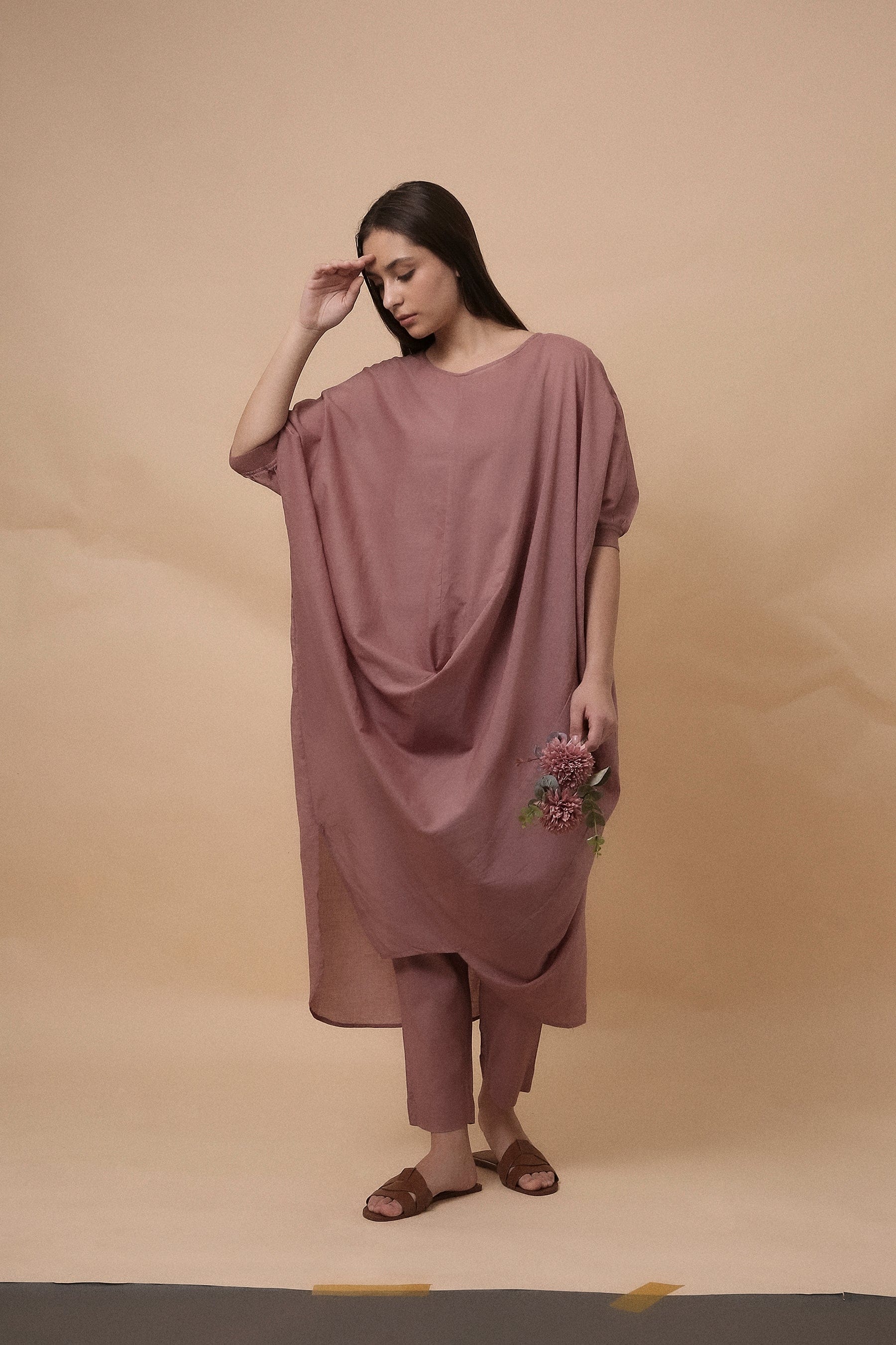 Handspun cotton mul kaftan cowl tunic co-ord set in blush with rib collar, camisole inner and narrow pants, by MATI India