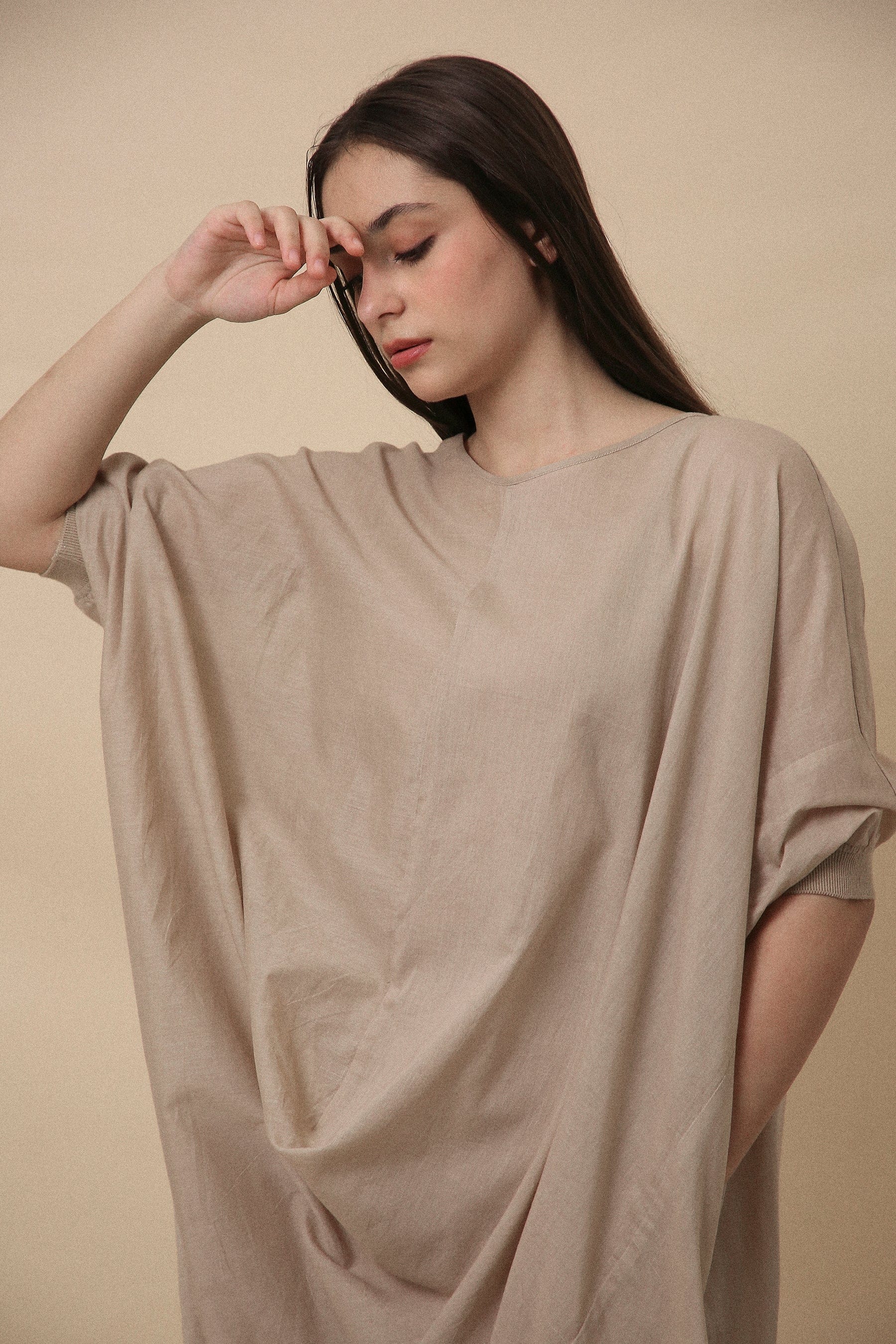 Handspun cotton mul kaftan cowl tunic co-ord set in sand with rib collar, camisole inner and narrow pants, by MATI India