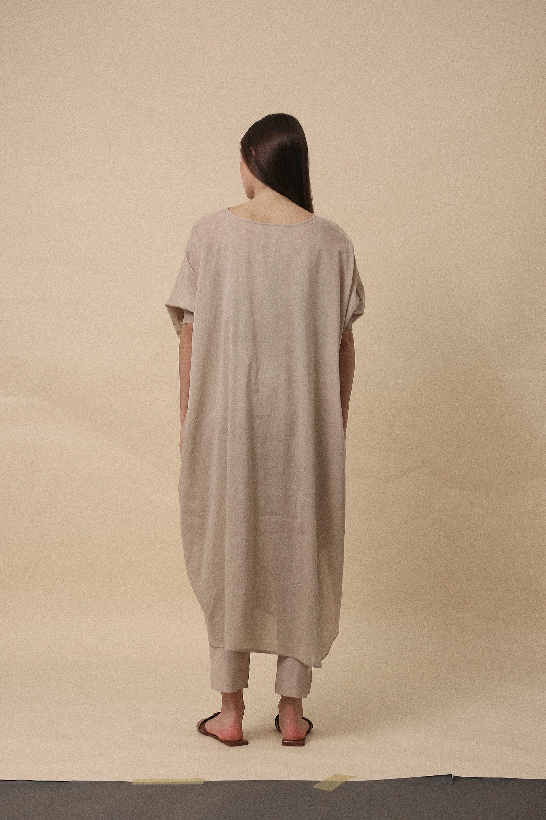 Handspun cotton mul kaftan cowl tunic co-ord set in sand with rib collar, camisole inner and narrow pants, by MATI India