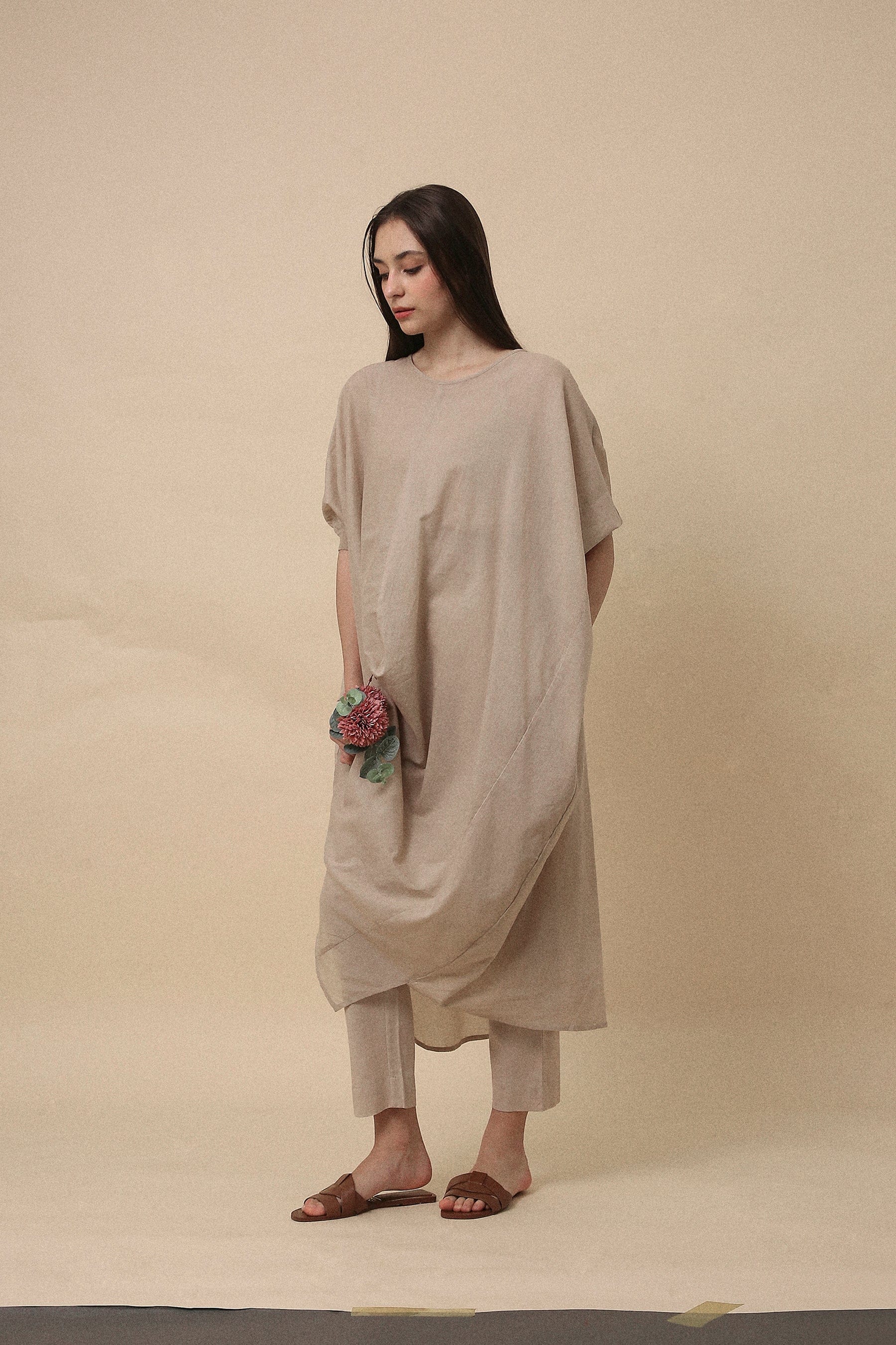Handspun cotton mul kaftan cowl tunic co-ord set in sand with rib collar, camisole inner and narrow pants, by MATI India