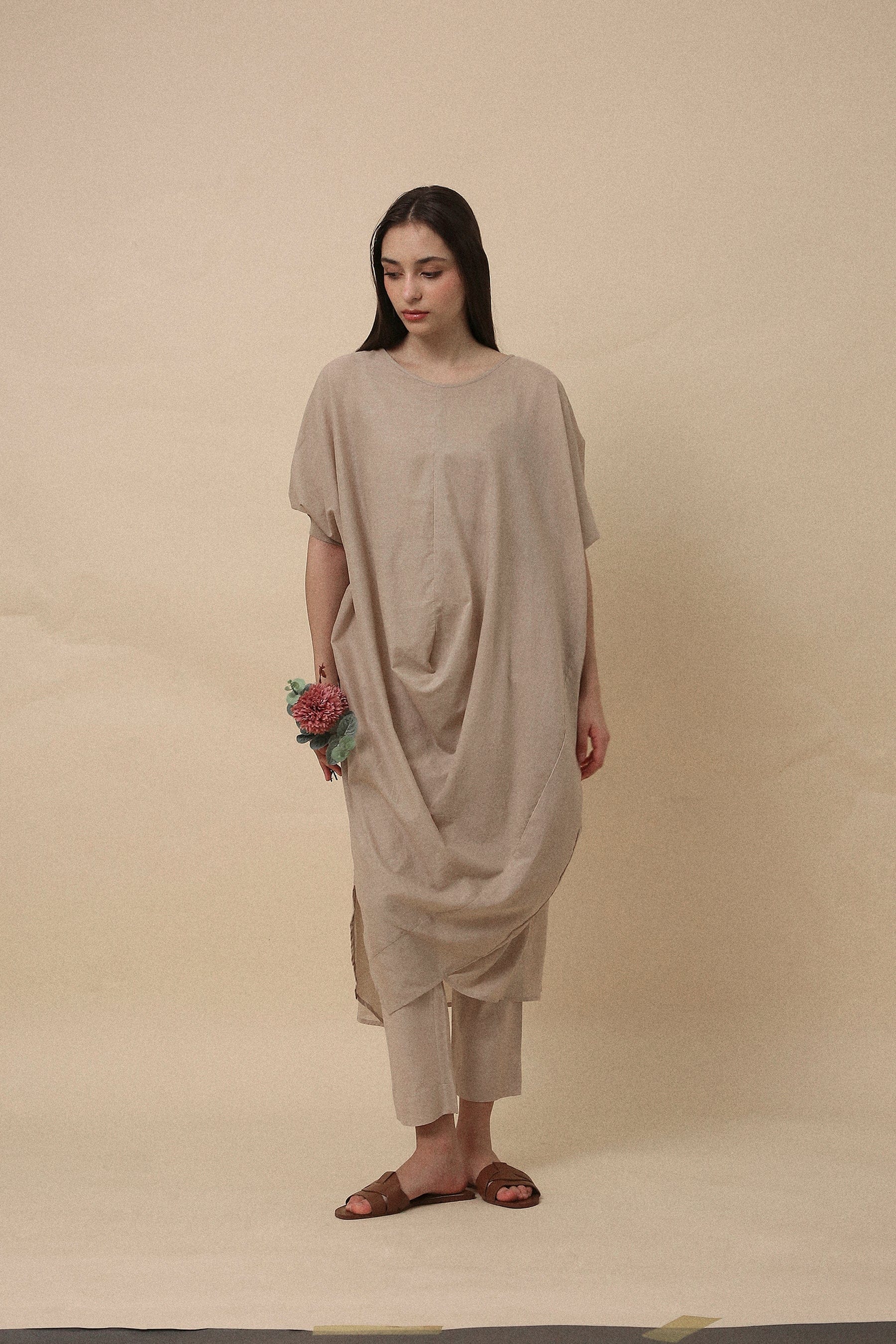 Handspun cotton mul kaftan cowl tunic co-ord set in sand with rib collar, camisole inner and narrow pants, by MATI India
