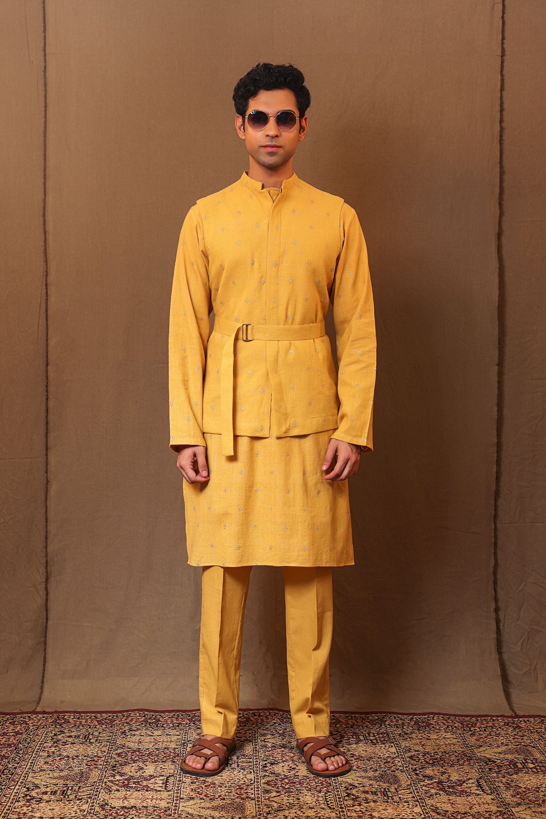 Mustard handspun kala cotton embroidered kurta bandi 4-piece set by MATI – front view