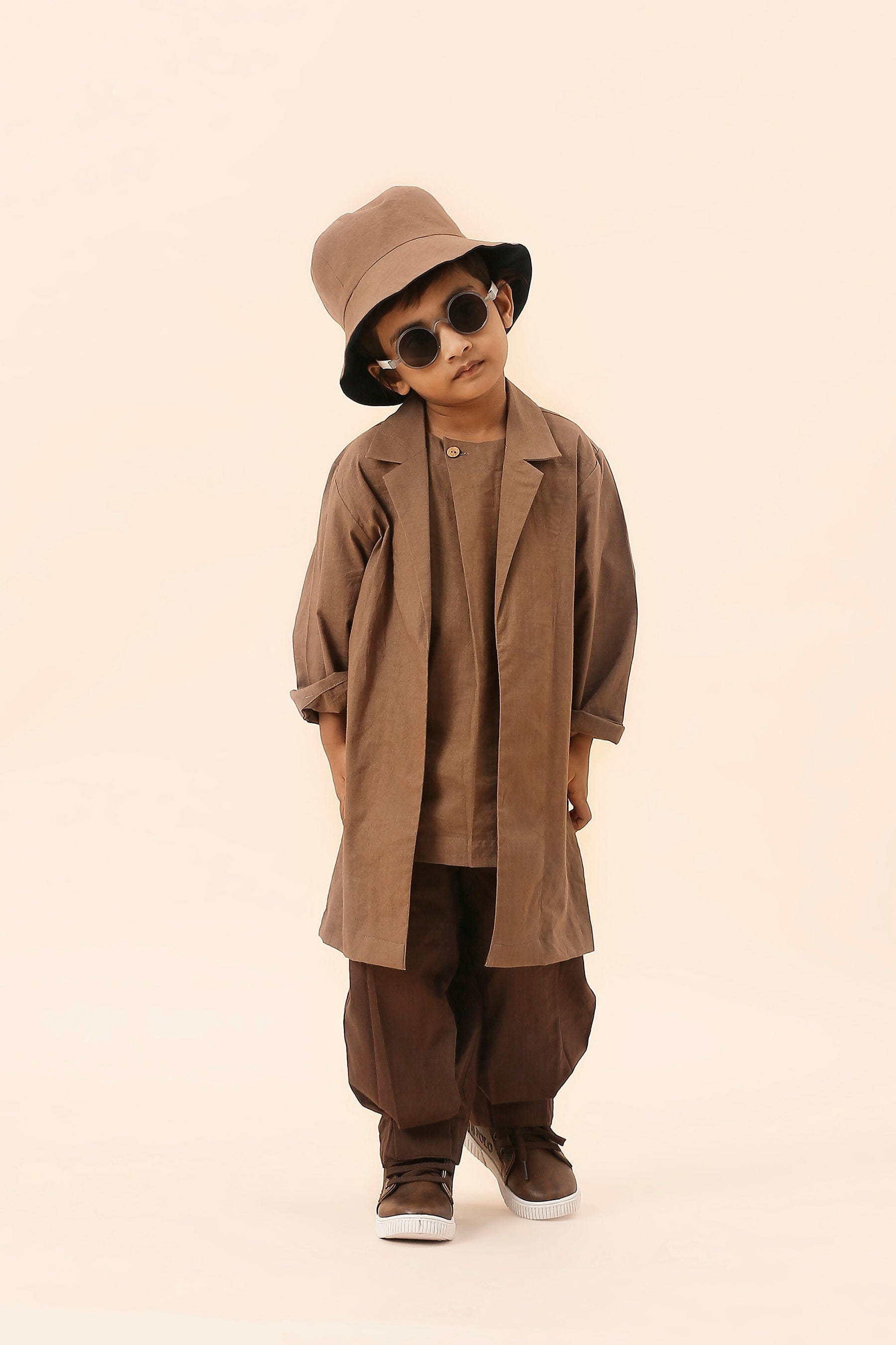 Mati Outfit Sets 0-6 months Mini MATI Boys Overlap Trouser Jacket Set - Beige & Brown (3 PCS)