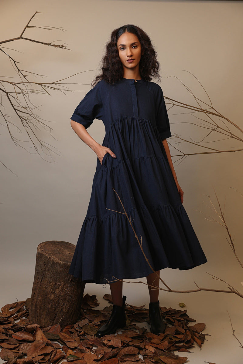 Blue Raglan Tiered Dress - Main Image