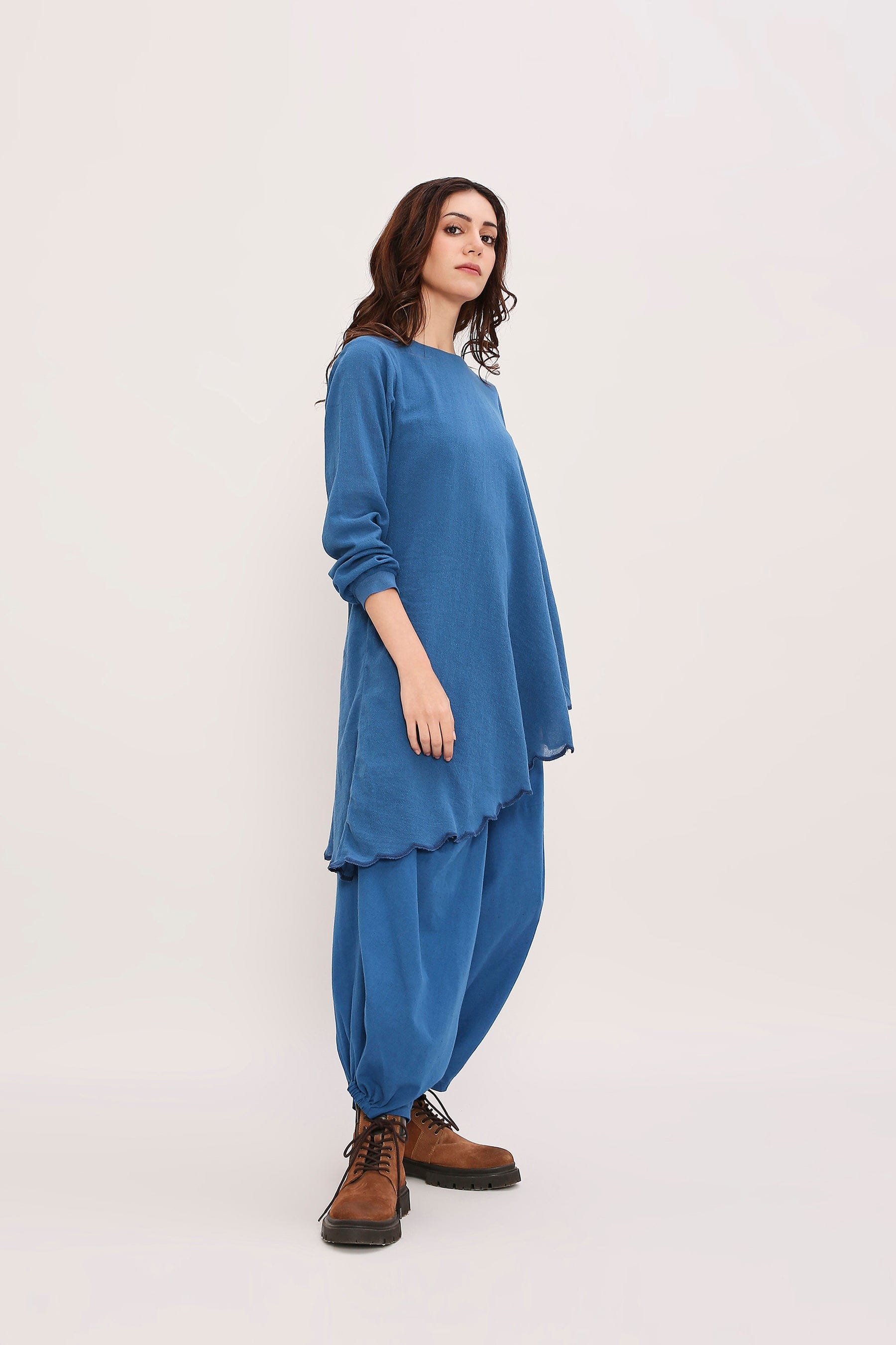 Mati Outfit Sets Blue Ribbed Scallop Tunic Set (2 PCS)