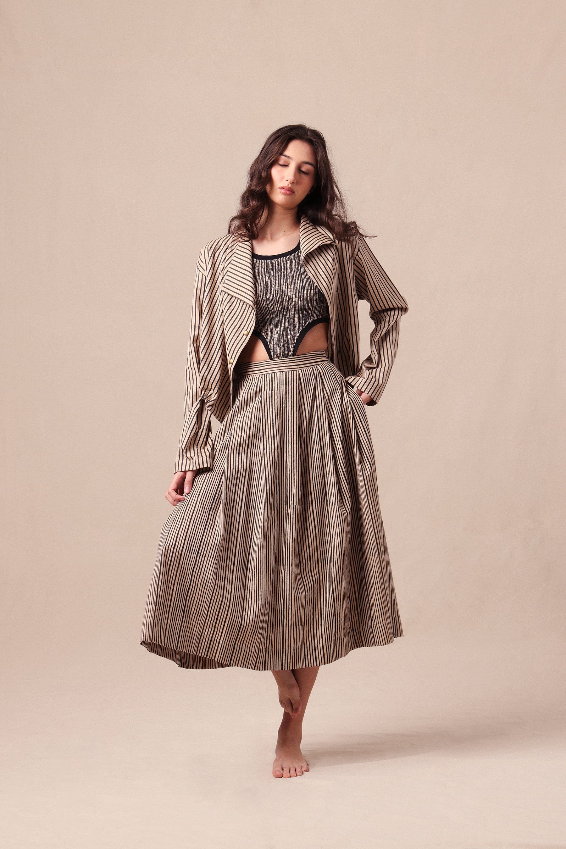 Mati Outfit Sets Charcoal Striped Bodysuit Box Pleated Skirt and Crop Jacket Co-Ord Set (3 PCS)