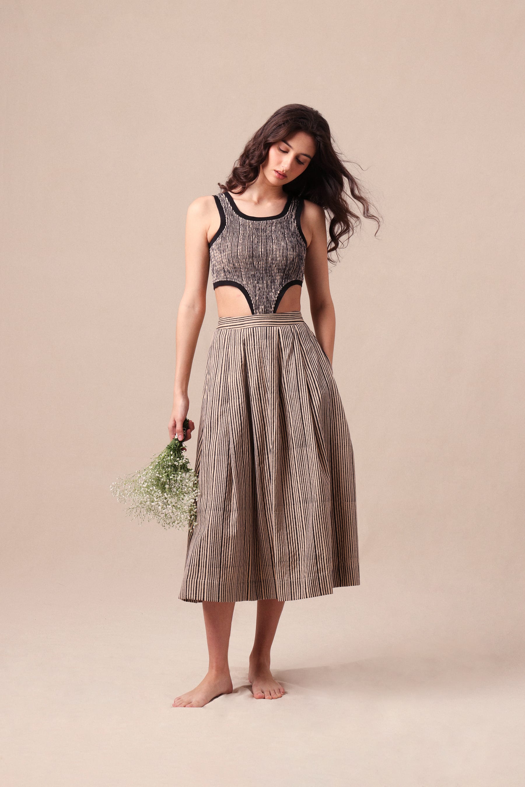 Mati Outfit Sets Charcoal Striped Bodysuit & Box Pleated Skirt Co-Ord Set (2 PCS)
