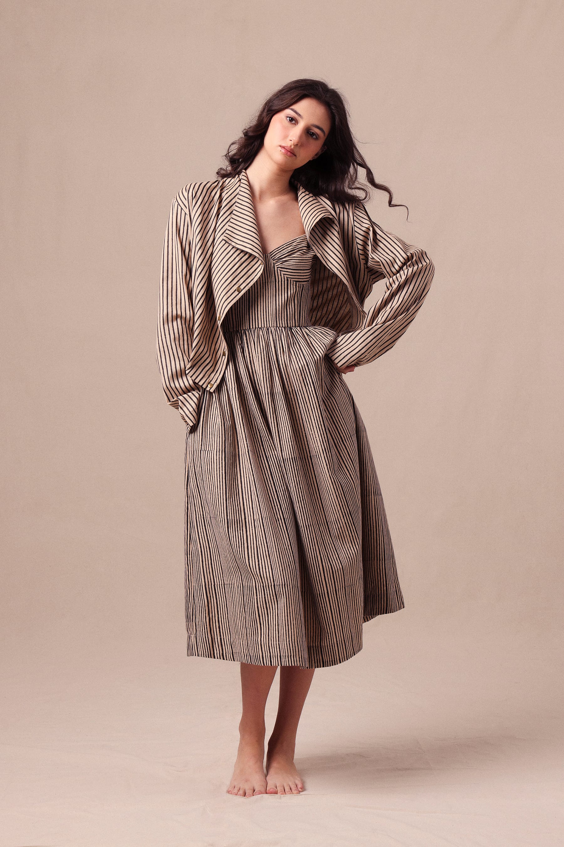 Mati Outfit Sets Charcoal Striped Corset Dress & Crop Jacket Set (2 PCS)