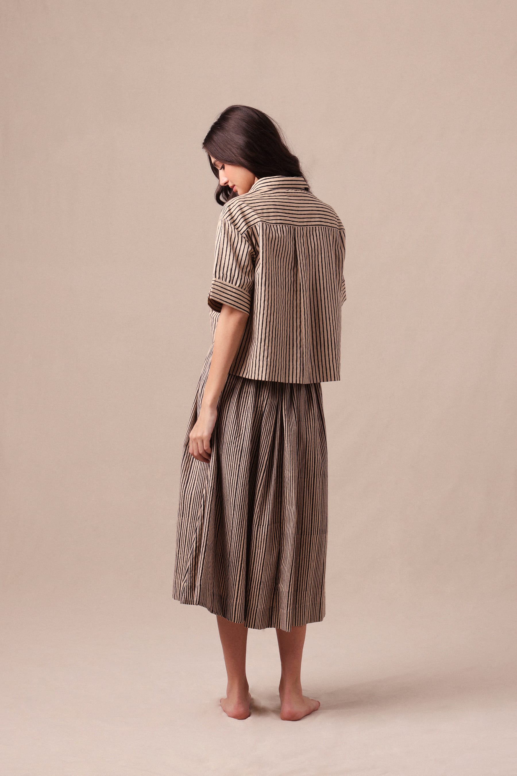 Mati Outfit Sets Charcoal Striped Ekin Crop Shirt & Box Pleated Skirt Co-Ord Set (2 PCS)