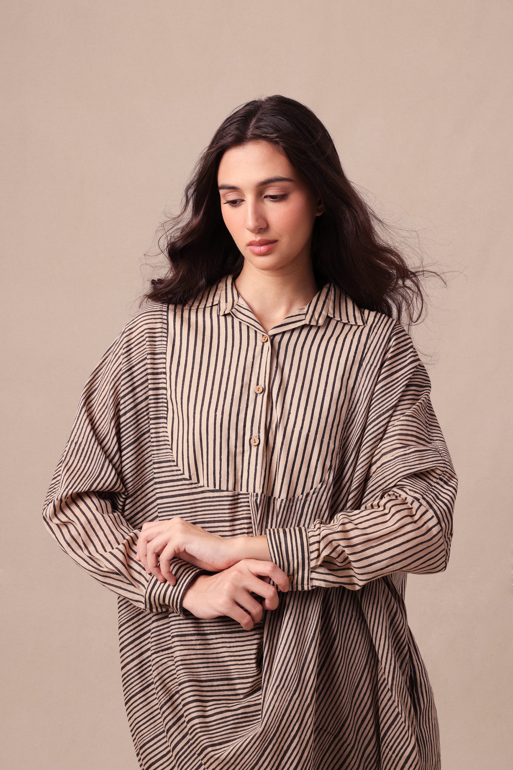 Mati Outfit Sets Charcoal Striped Shirt Cowl Tunic & SE Pants Co-Ord Set (2 PCS)