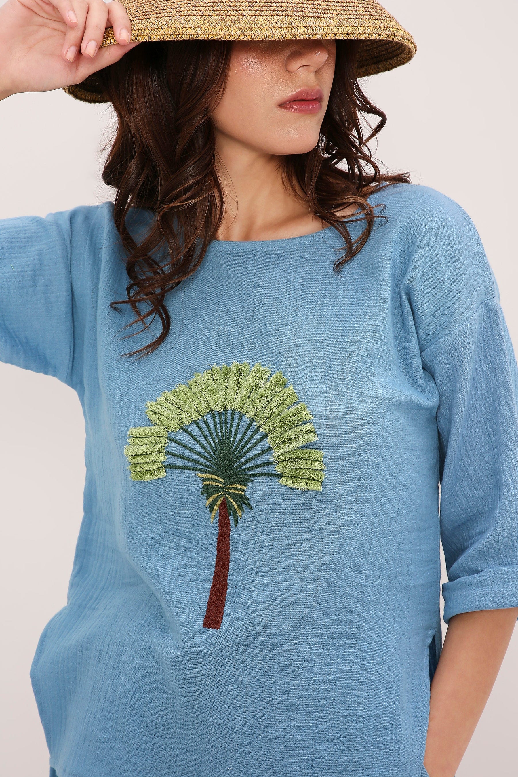 Mati Outfit Sets Coco Blue Embroidered Top & Green Shorts Set (2 PCS)