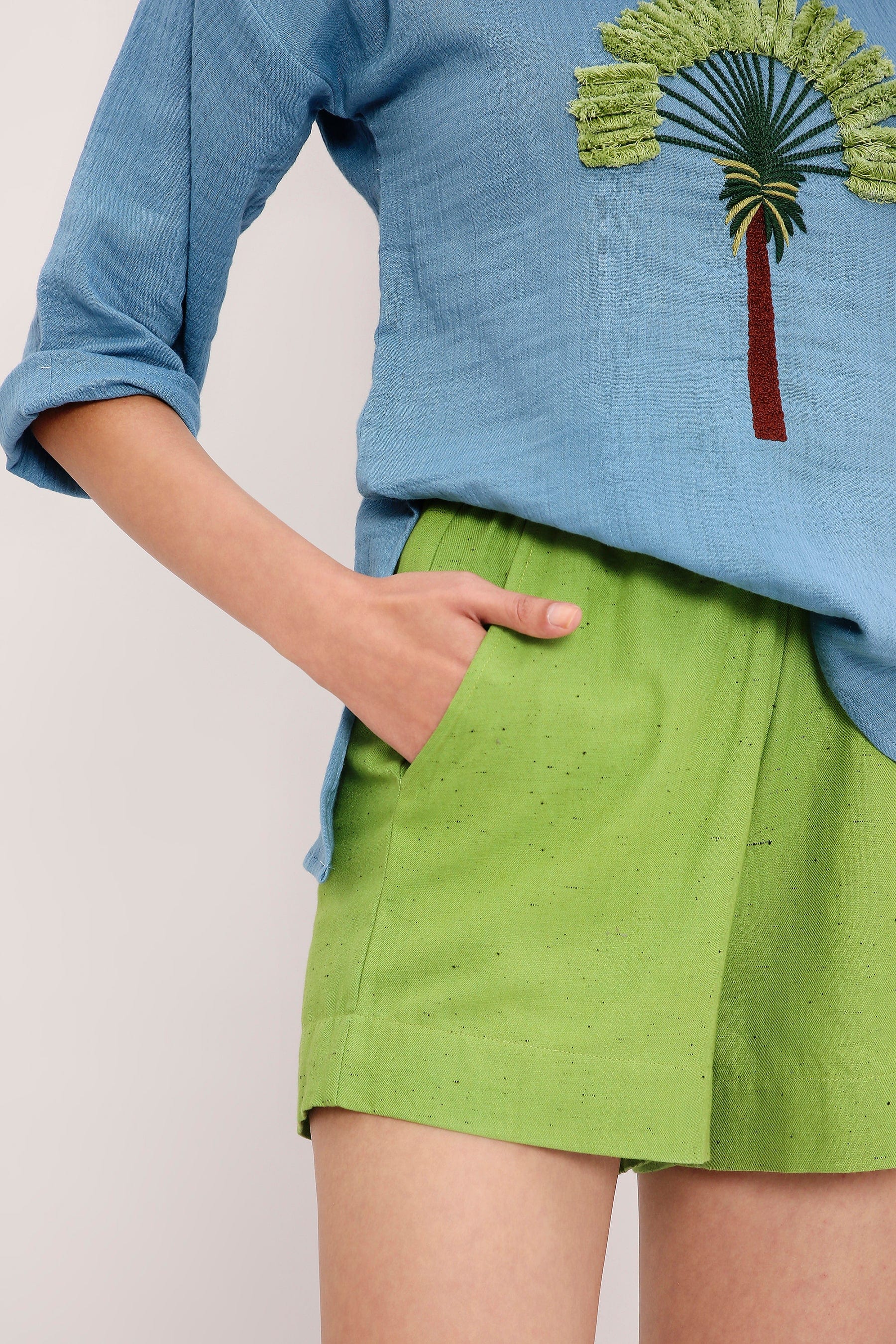 Mati Outfit Sets Coco Blue Embroidered Top & Green Shorts Set (2 PCS)