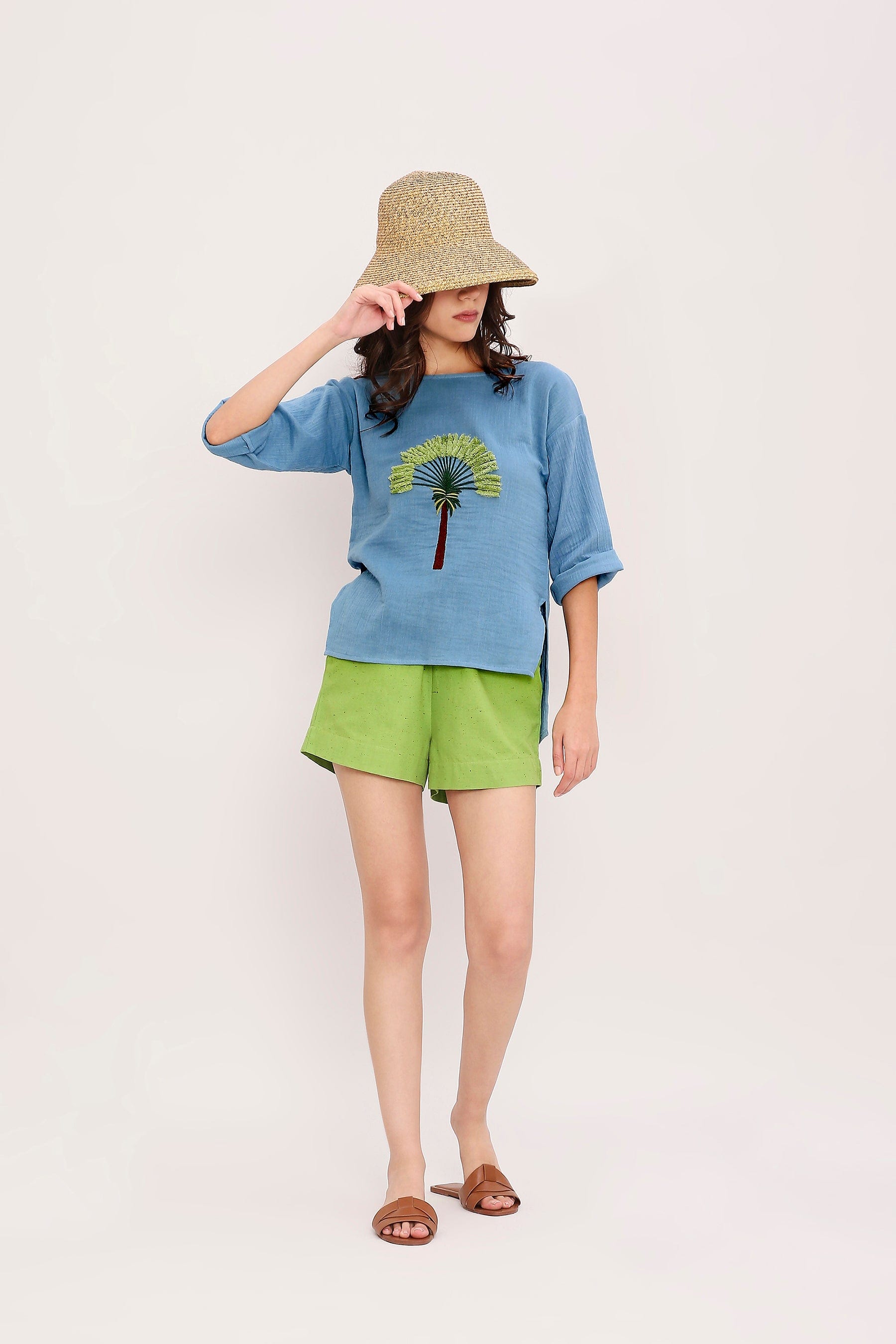 Mati Outfit Sets Coco Blue Embroidered Top & Green Shorts Set (2 PCS)