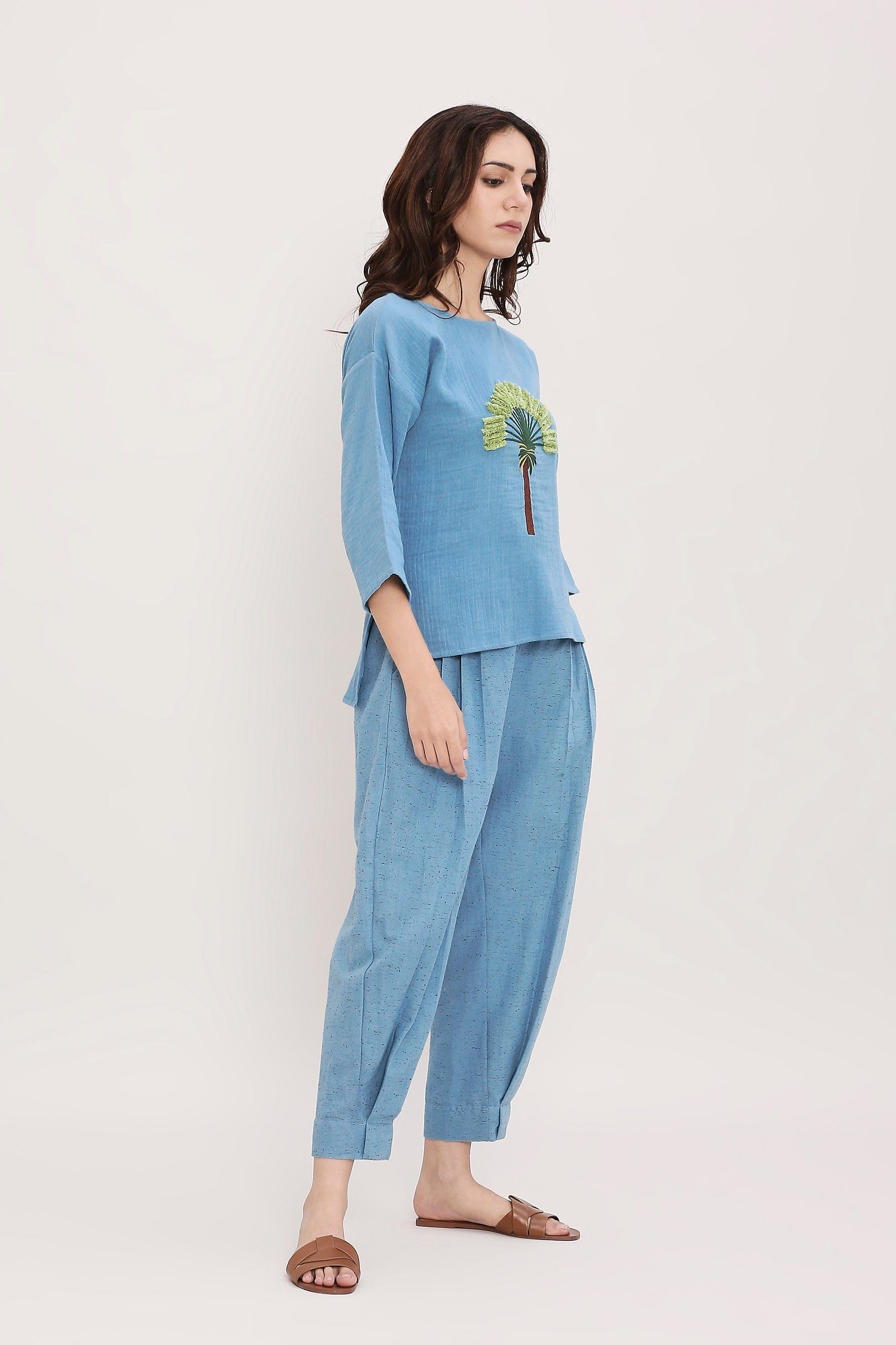 Mati Outfit Sets Coco Blue Embroidered Top & Pants Set (2 PCS)