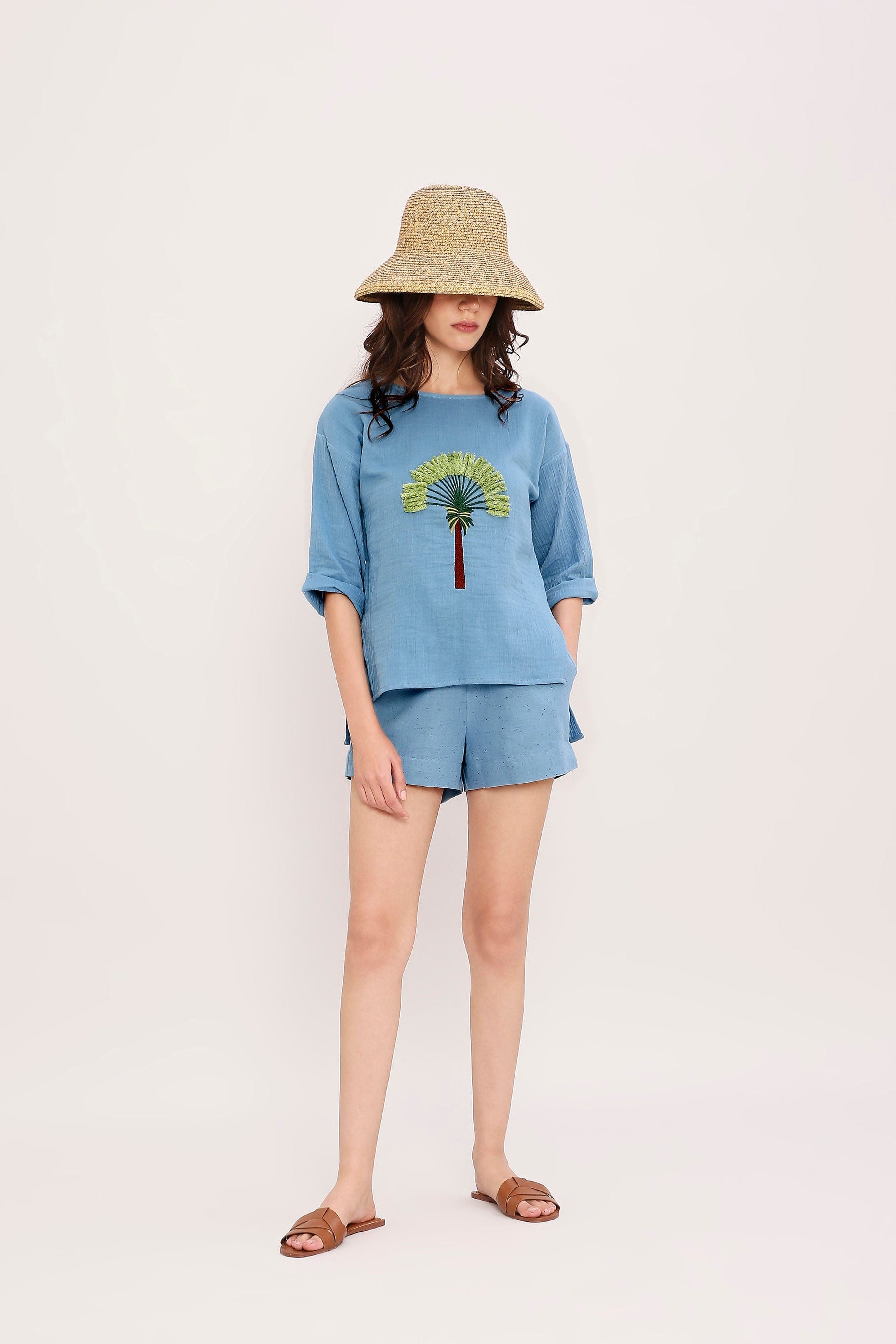 Mati Outfit Sets Coco Blue Embroidered Top & Shorts Set (2 PCS)