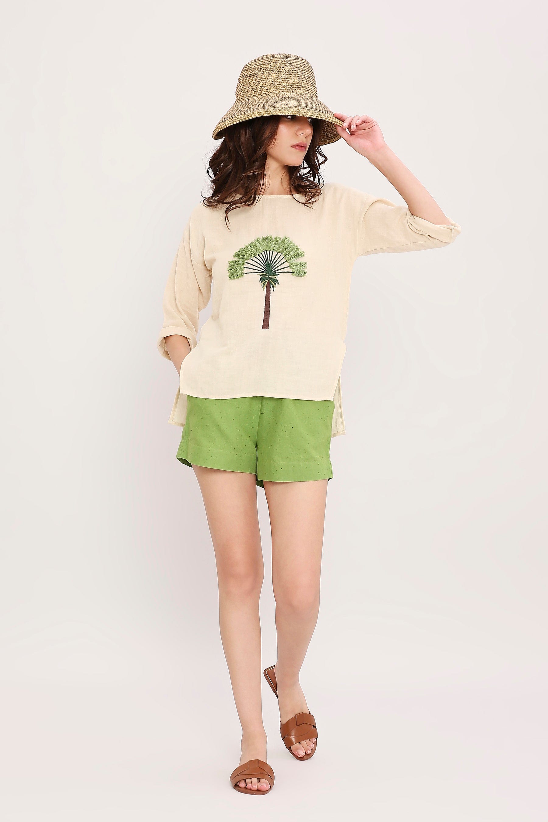 Mati Outfit Sets Coco Cream Embroidered Top & Green Shorts Set (2 PCS)