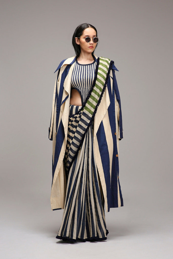 Mati Outfit Sets Egg-Shell Bodysuit with Trench & Dual Striped Saree Set (3 PCS)