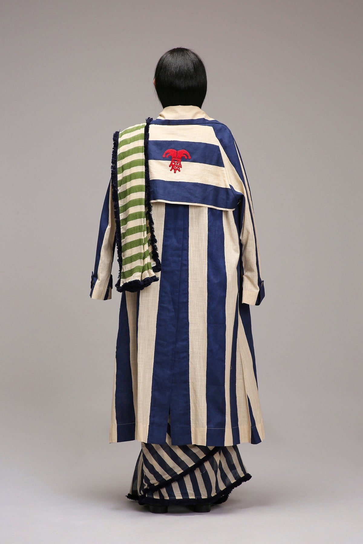 Mati Outfit Sets Egg-Shell Bodysuit with Trench & Dual Striped Saree Set (3 PCS)