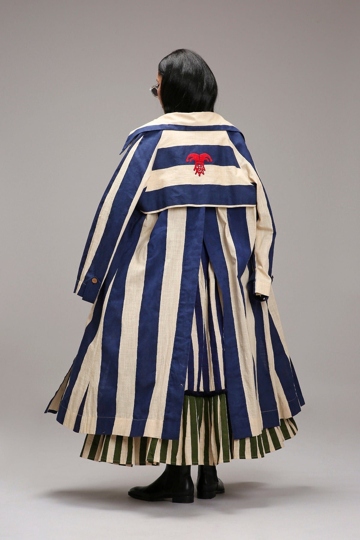 Mati Outfit Sets Egg-Shell Trench Bodysuit Dual Striped Skirt Set (3 PCS)