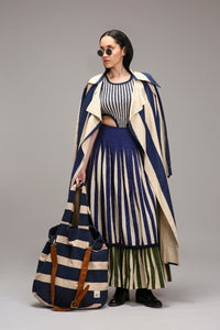 Mati Outfit Sets Egg-Shell Trench Bodysuit Dual Striped Skirt Set (3 PCS)