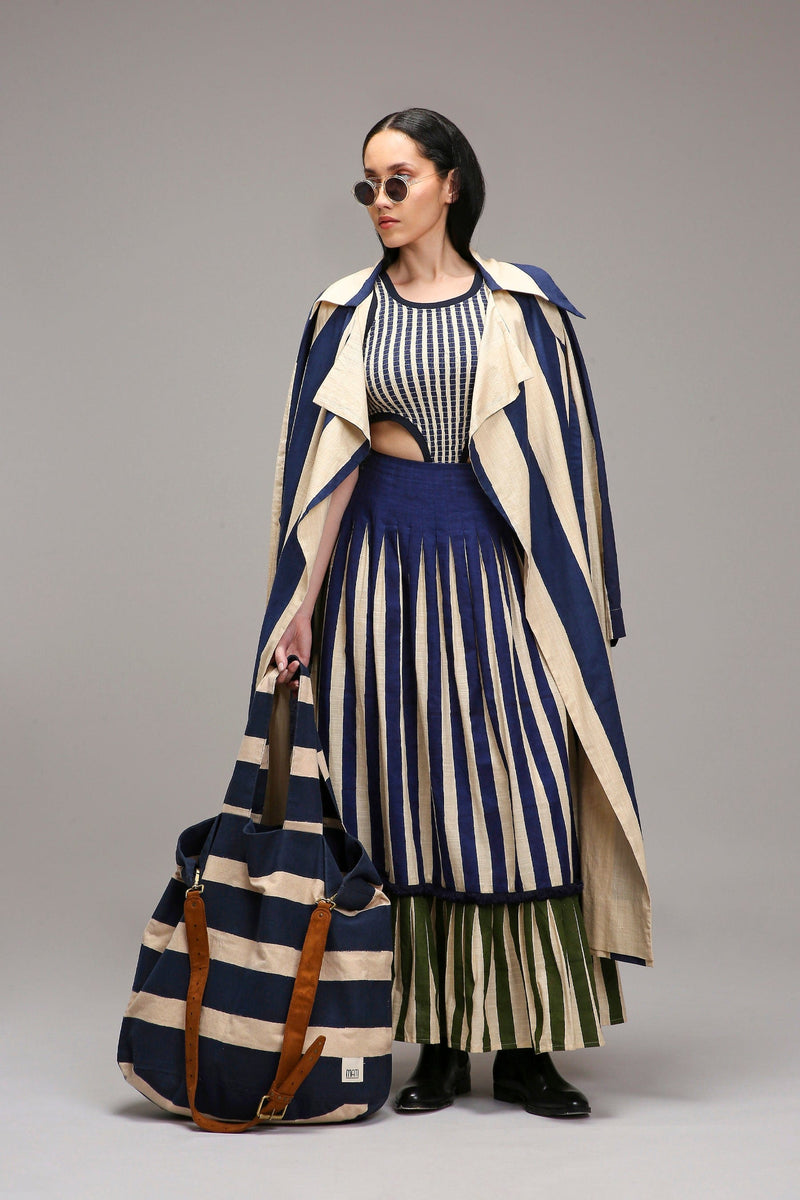 Mati Outfit Sets Egg-Shell Trench Bodysuit Dual Striped Skirt Set (3 PCS)