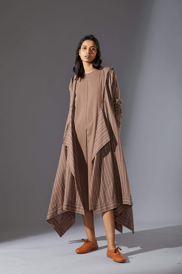 Handcrafted from Handwoven Organic Cotton, Beige Dress & Jacket Coord Set for Women by Sustainable Fashion Designer Clothing Label MATI
