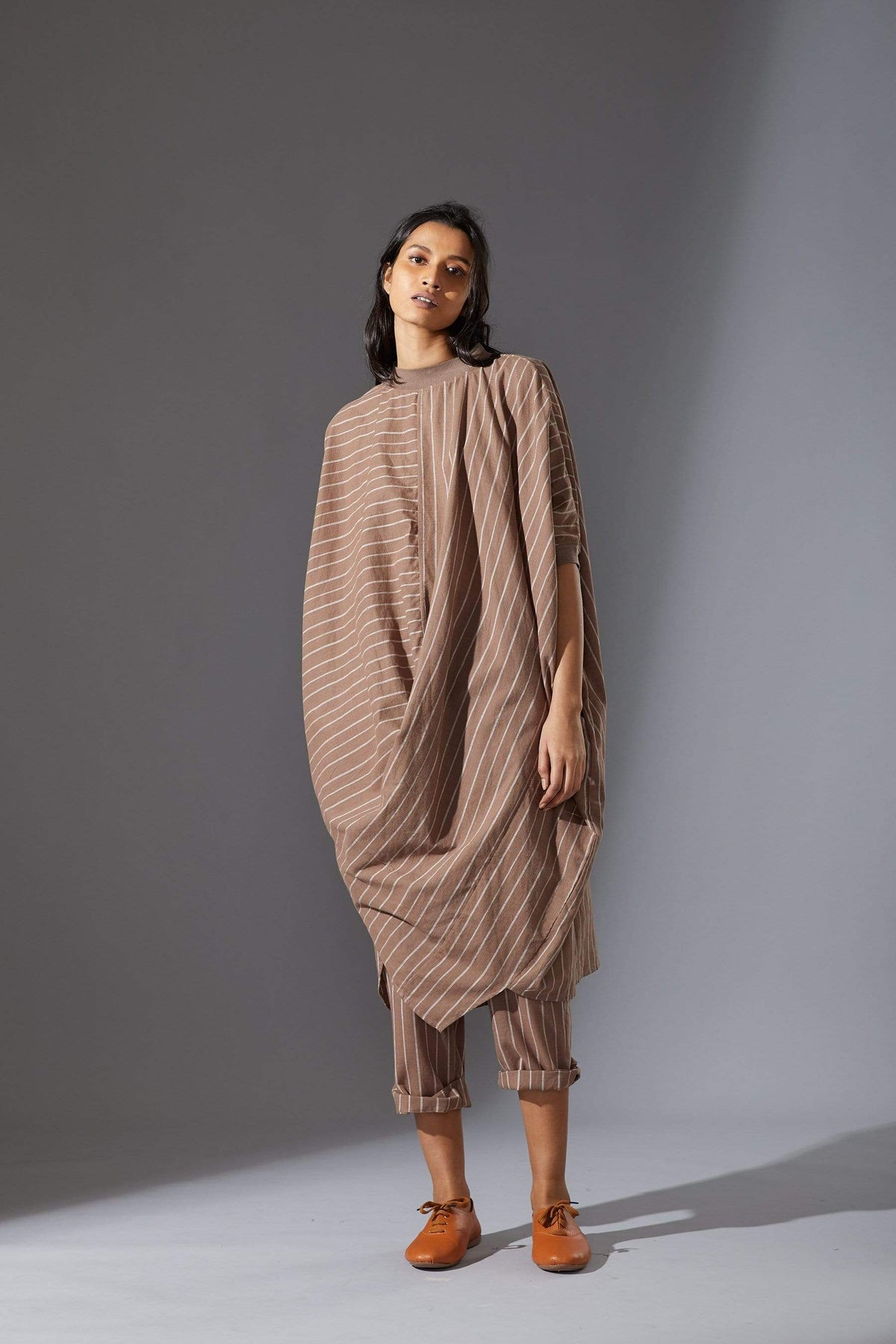 Handcrafted from Handwoven Organic Cotton, Striped Beige Cowl Tunic Co-ord Sets for Women by Sustainable Fashion Designer Clothing Label MATI
