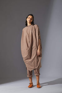 Handcrafted from Handwoven Organic Cotton, Striped Beige Cowl Tunic Co-ord Sets for Women by Sustainable Fashion Designer Clothing Label MATI