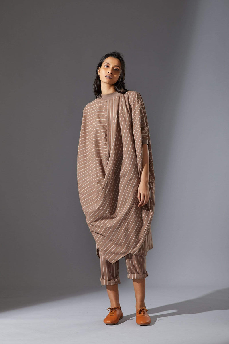 Handcrafted from Handwoven Organic Cotton, Striped Beige Cowl Tunic Co-ord Sets for Women by Sustainable Fashion Designer Clothing Label MATI