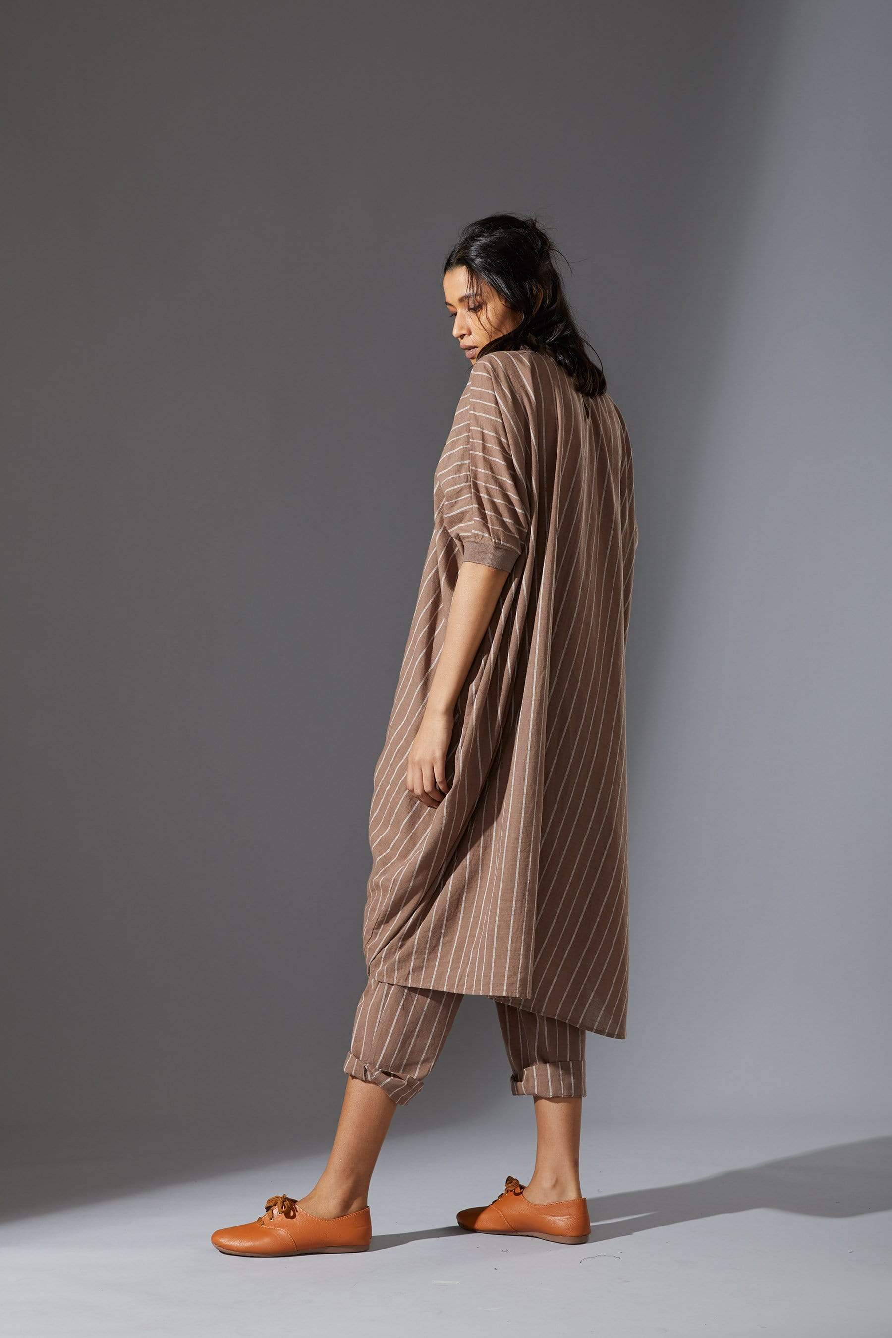 Handcrafted from Handwoven Organic Cotton, Striped Beige Cowl Tunic Co-ord Sets for Women by Sustainable Fashion Designer Clothing Label MATI