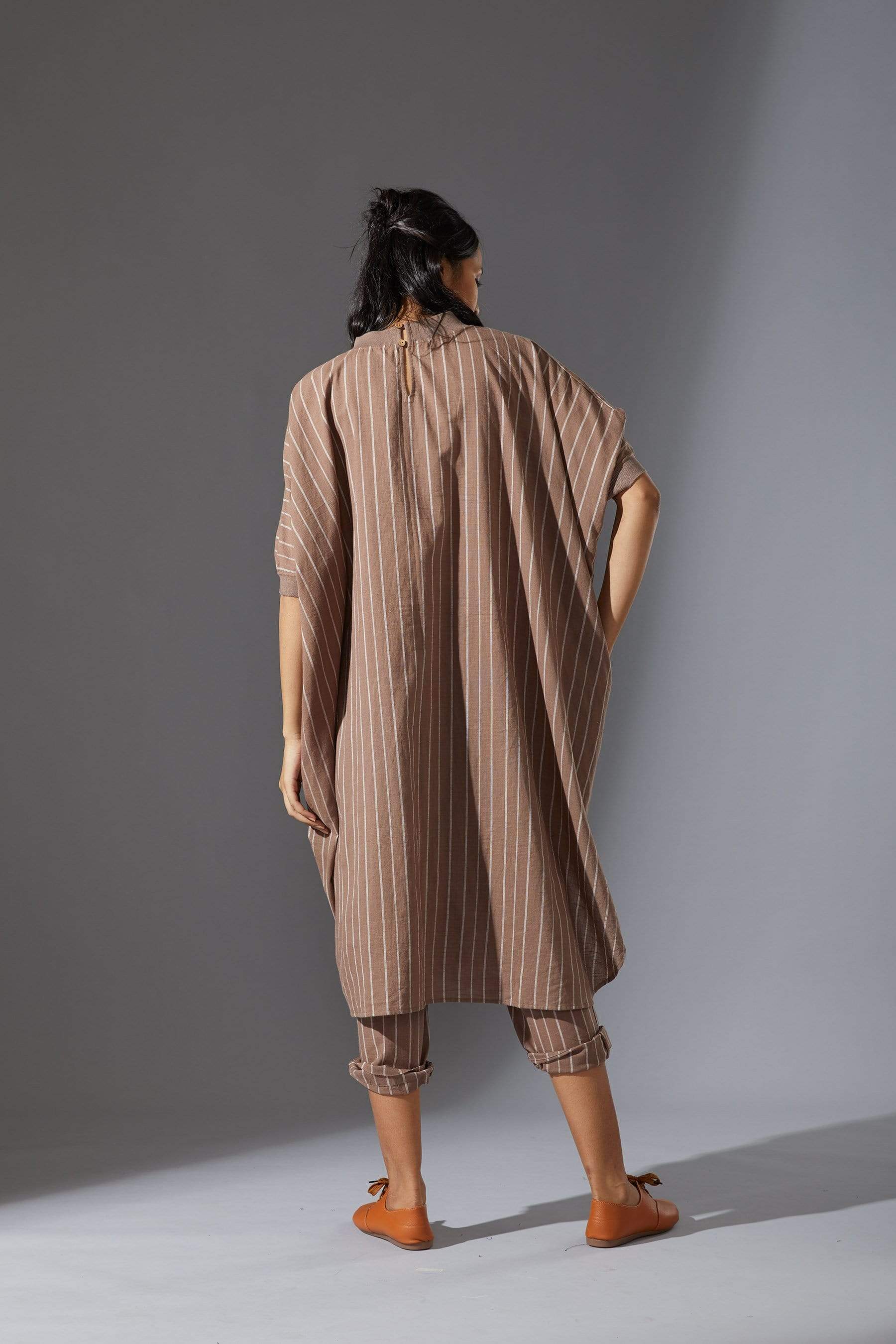 Handcrafted from Handwoven Organic Cotton, Striped Beige Cowl Tunic Co-ord Sets for Women by Sustainable Fashion Designer Clothing Label MATI