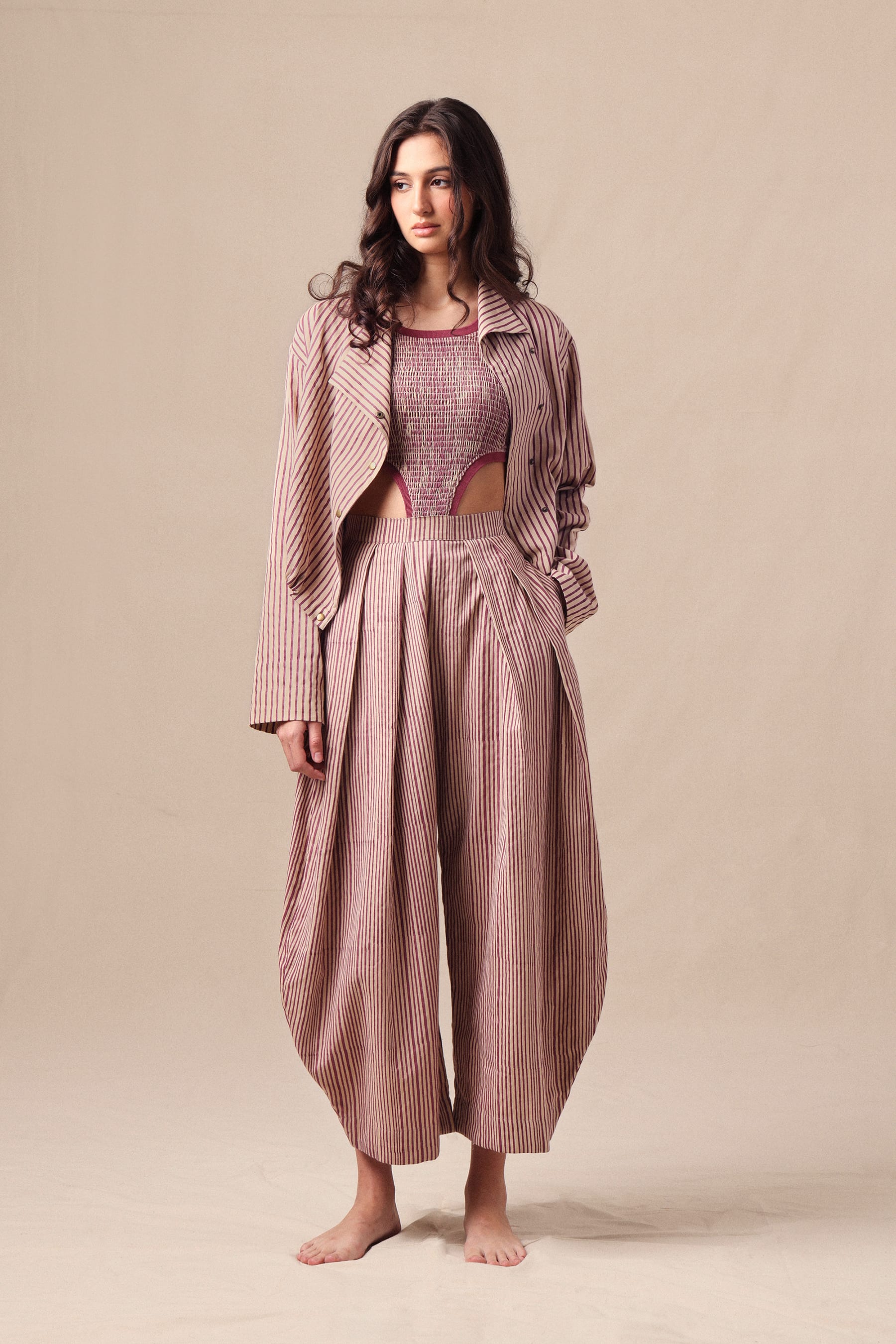 Mati Outfit Sets Mauve Striped Bodysuit Barrel Pants and Crop Jacket Co-Ord Set (3 PCS)