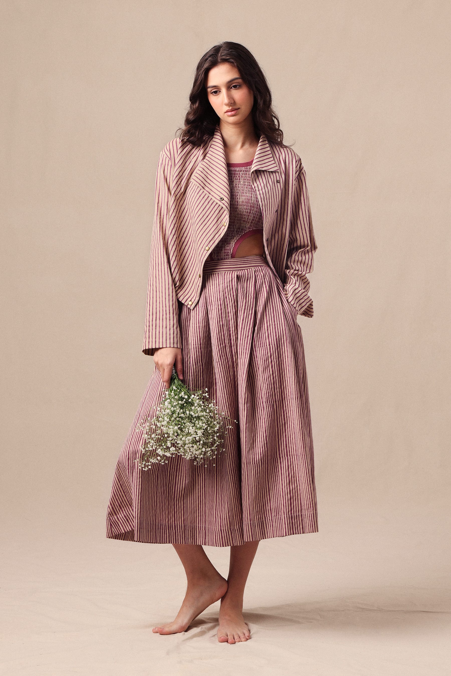 Mati Outfit Sets Mauve Striped Bodysuit Box Pleated Skirt and Crop Jacket Co-Ord Set (3 PCS)