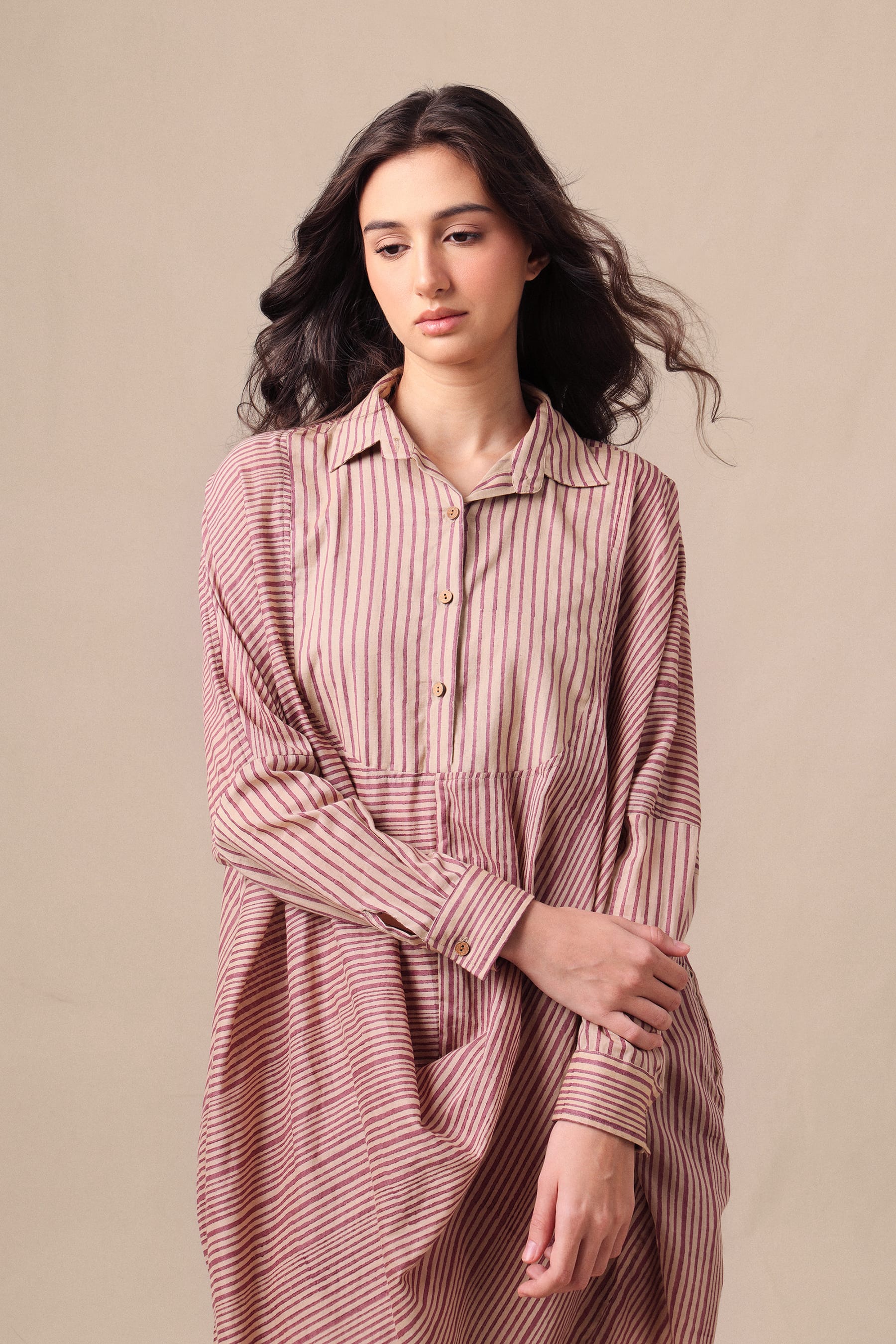 Mati Outfit Sets Mauve Striped Shirt Cowl Tunic & SE Pants Co-Ord Set (2 PCS)
