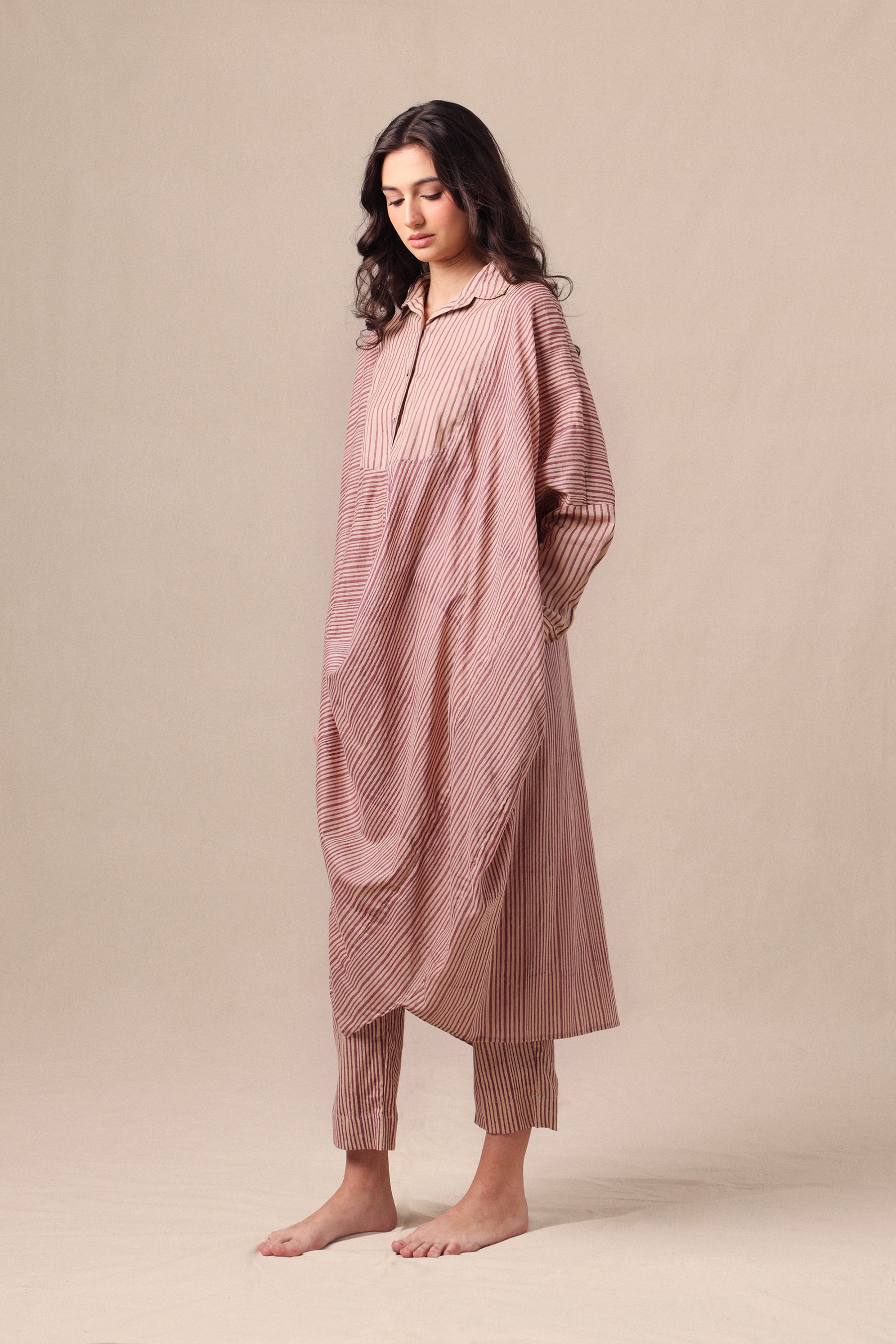 Mati Outfit Sets Mauve Striped Shirt Cowl Tunic & SE Pants Co-Ord Set (2 PCS)