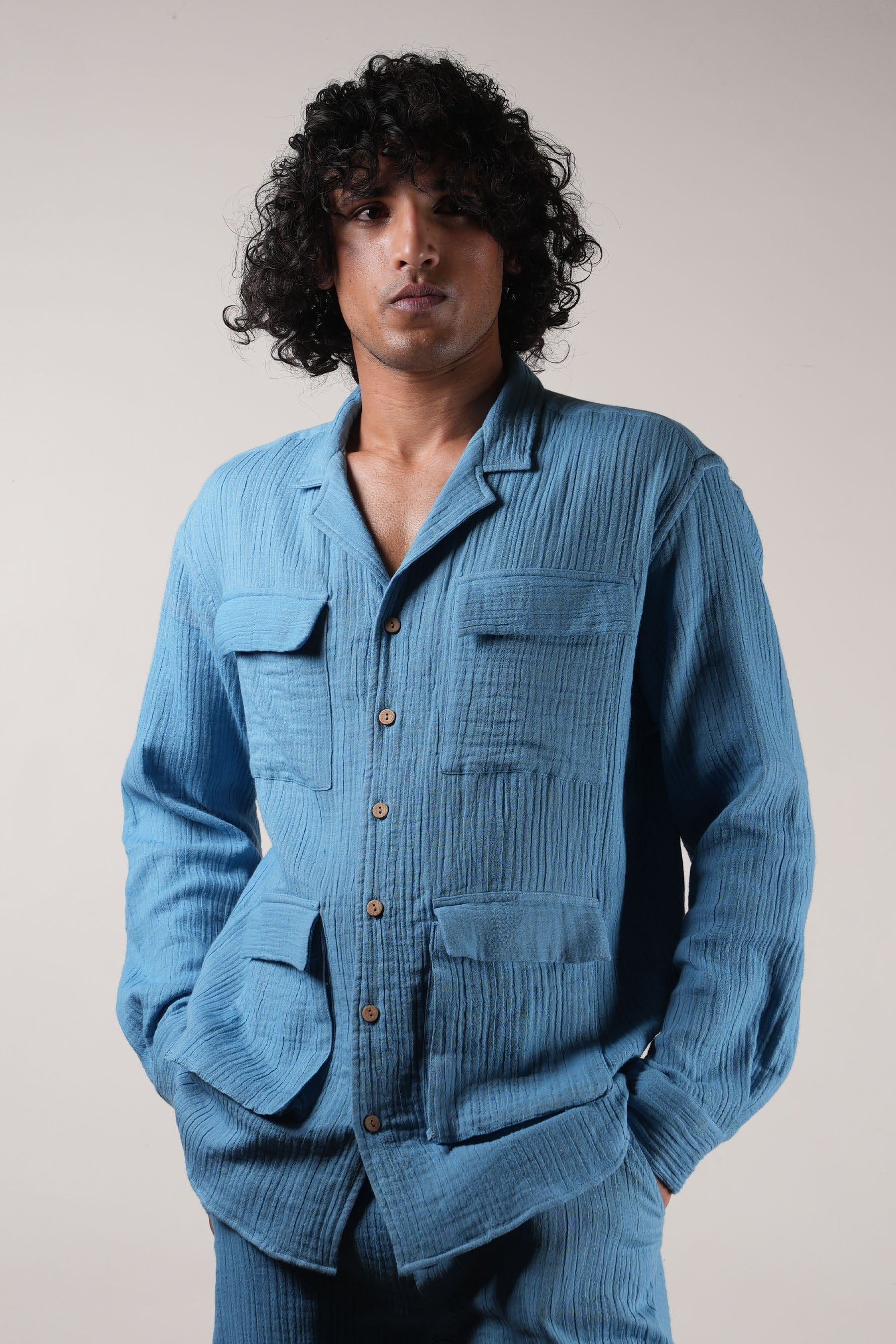 Mati Outfit Sets Men's Blue Crush Cotton Pocket Shirt & Shorts Set (2 PCS)