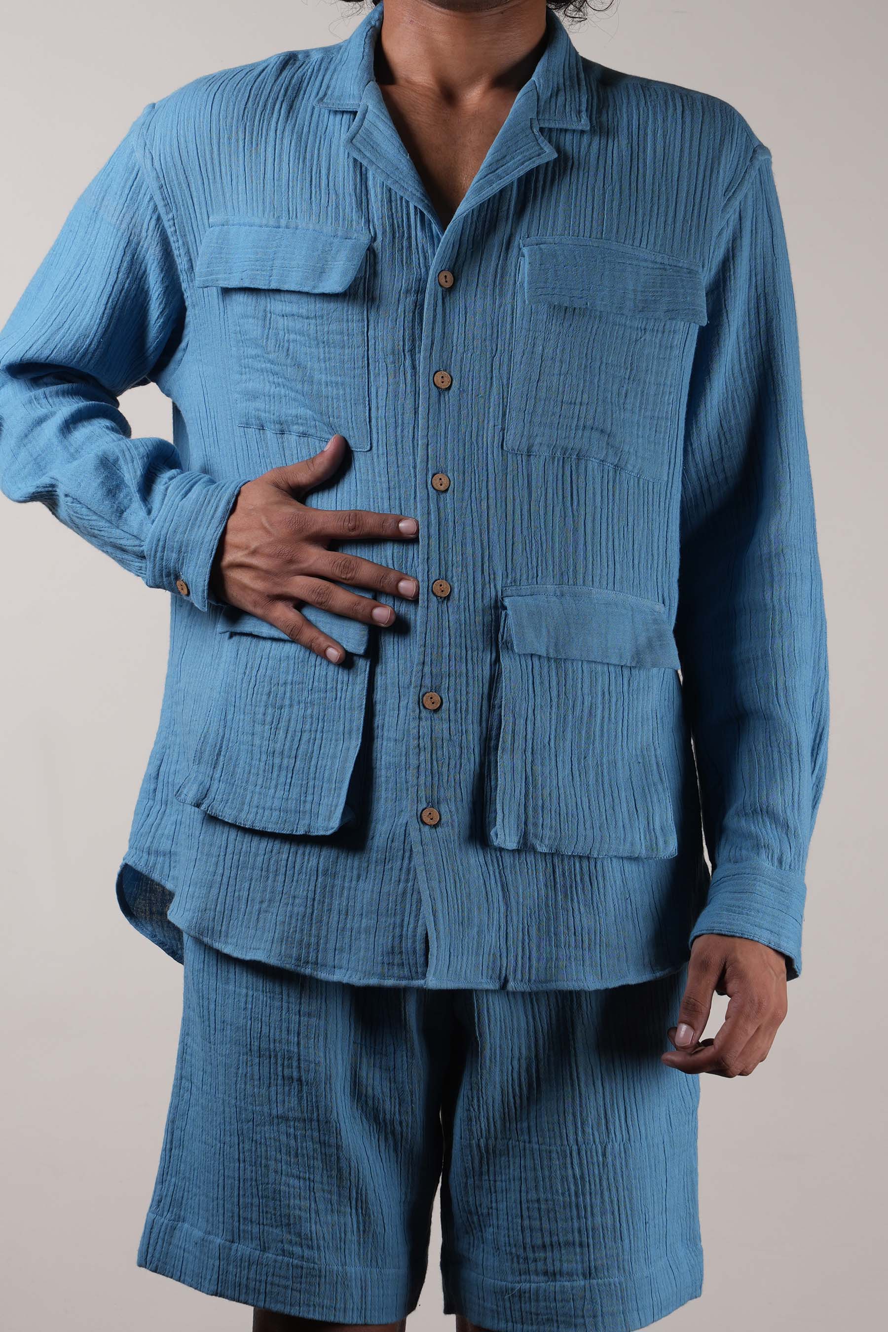 Mati Outfit Sets Men's Blue Crush Cotton Pocket Shirt & Shorts Set (2 PCS)