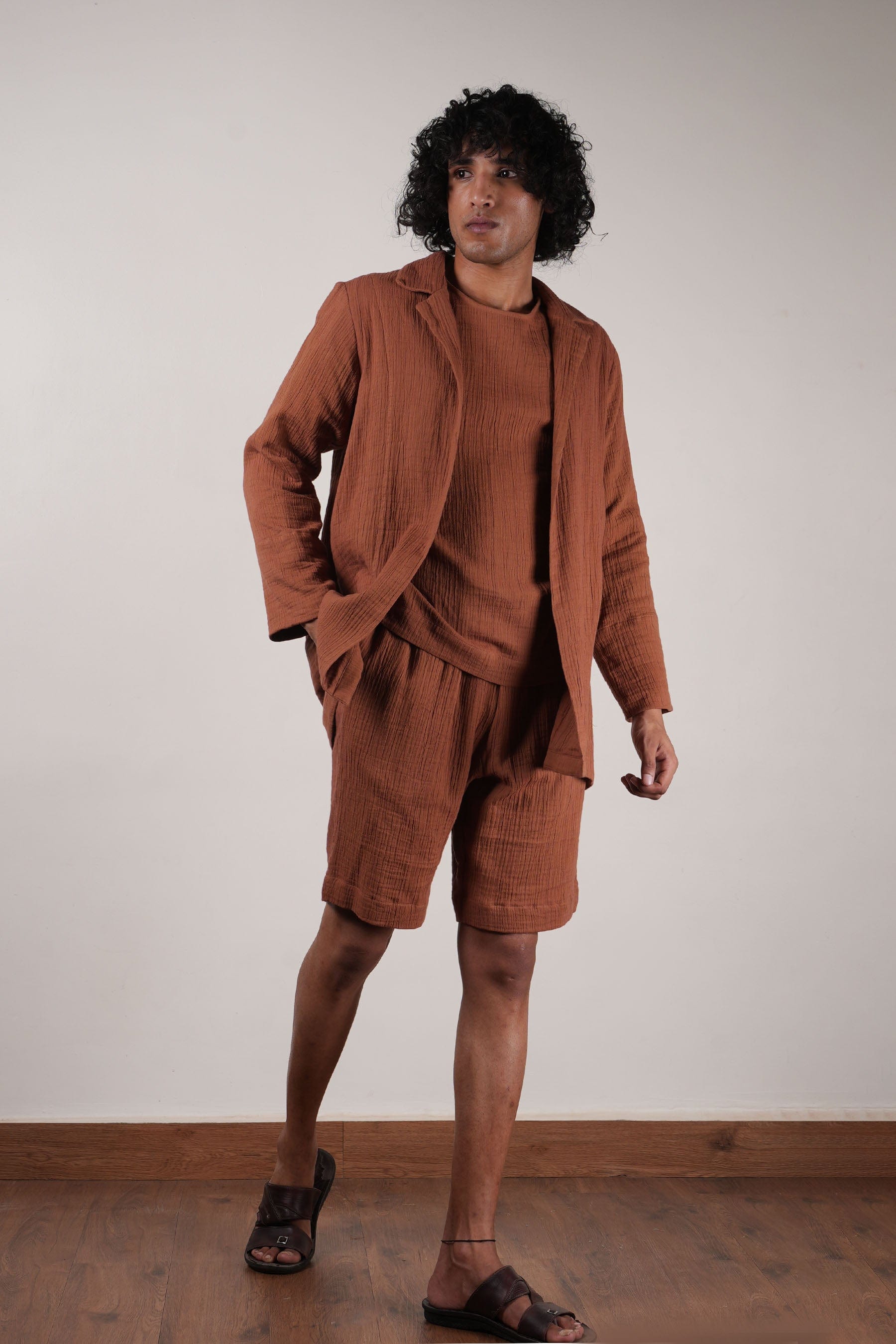 Mati Outfit Sets Men's Brown Crush T-Shirt, Shorts & Jacket Set (3 PCS)