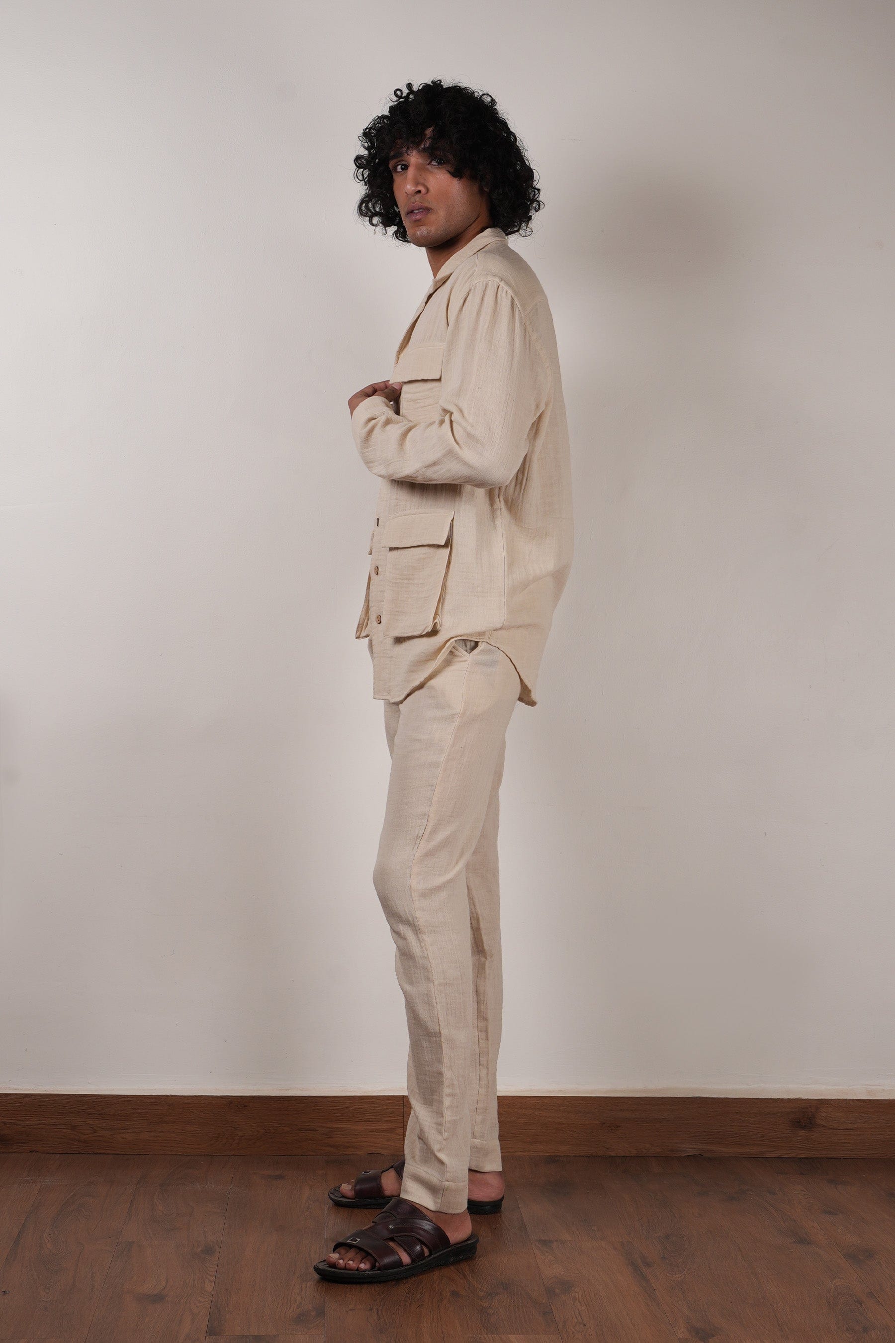 Mati Outfit Sets Men's Cream Crush Cotton Pocket Shirt & Pant Set (2 PCS)