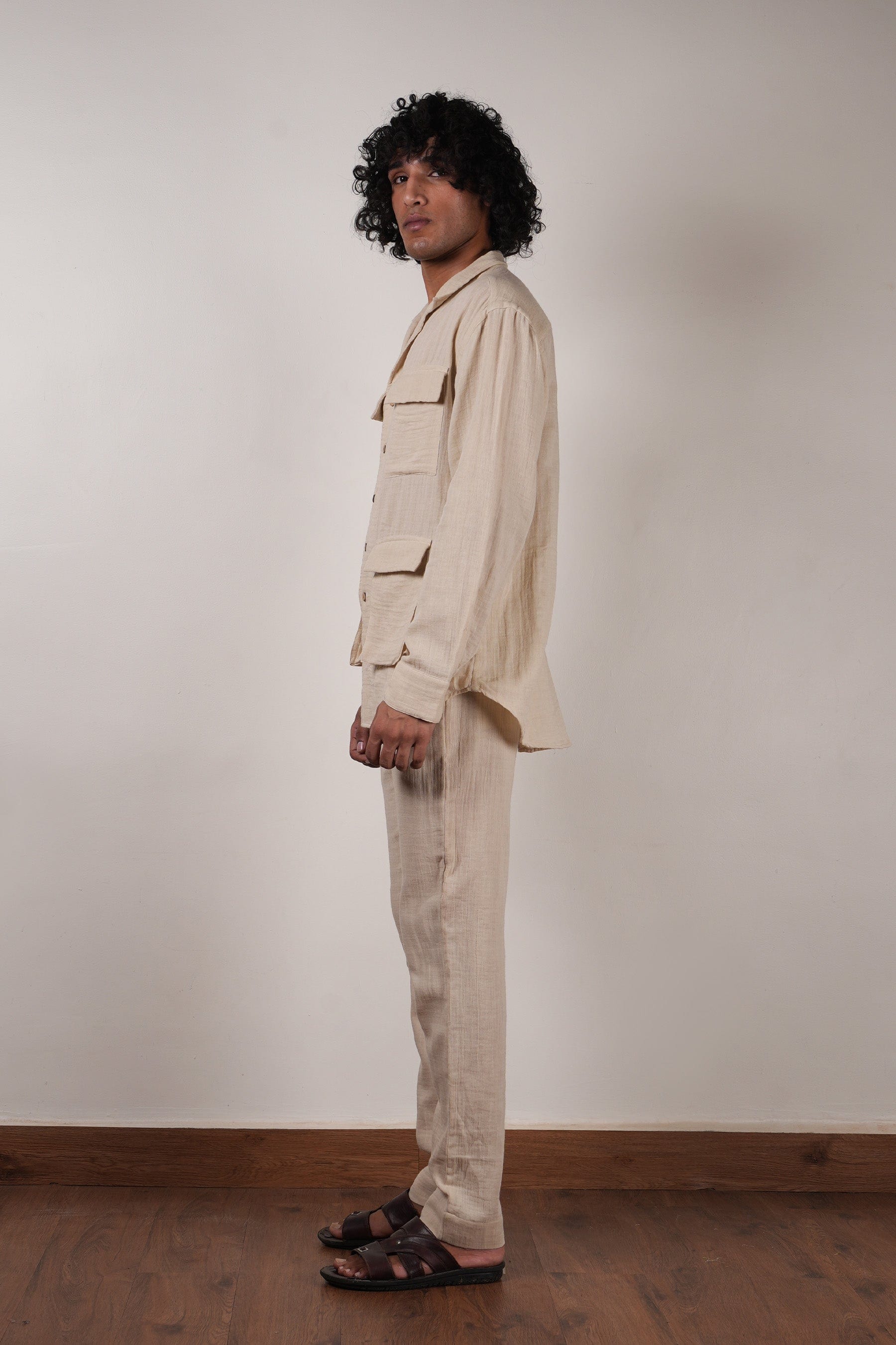 Mati Outfit Sets Men's Cream Crush Cotton Pocket Shirt & Pant Set (2 PCS)