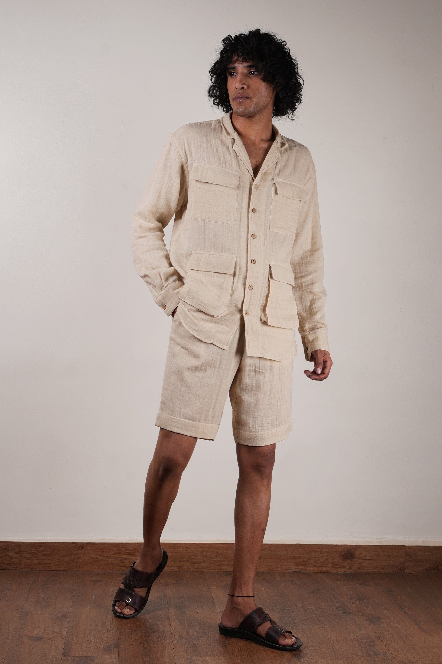 Mati Outfit Sets Men's Cream Crush Cotton Pocket Shirt & Shorts Set (2 PCS)