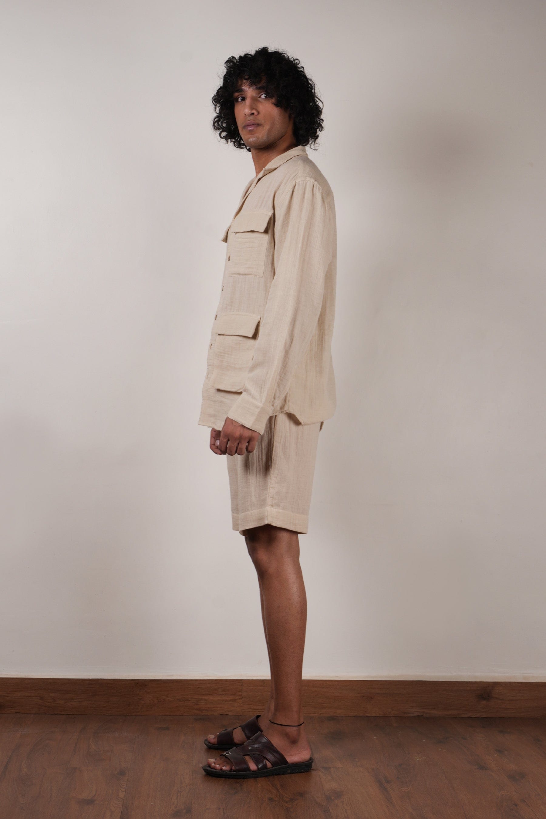 Mati Outfit Sets Men's Cream Crush Cotton Pocket Shirt & Shorts Set (2 PCS)