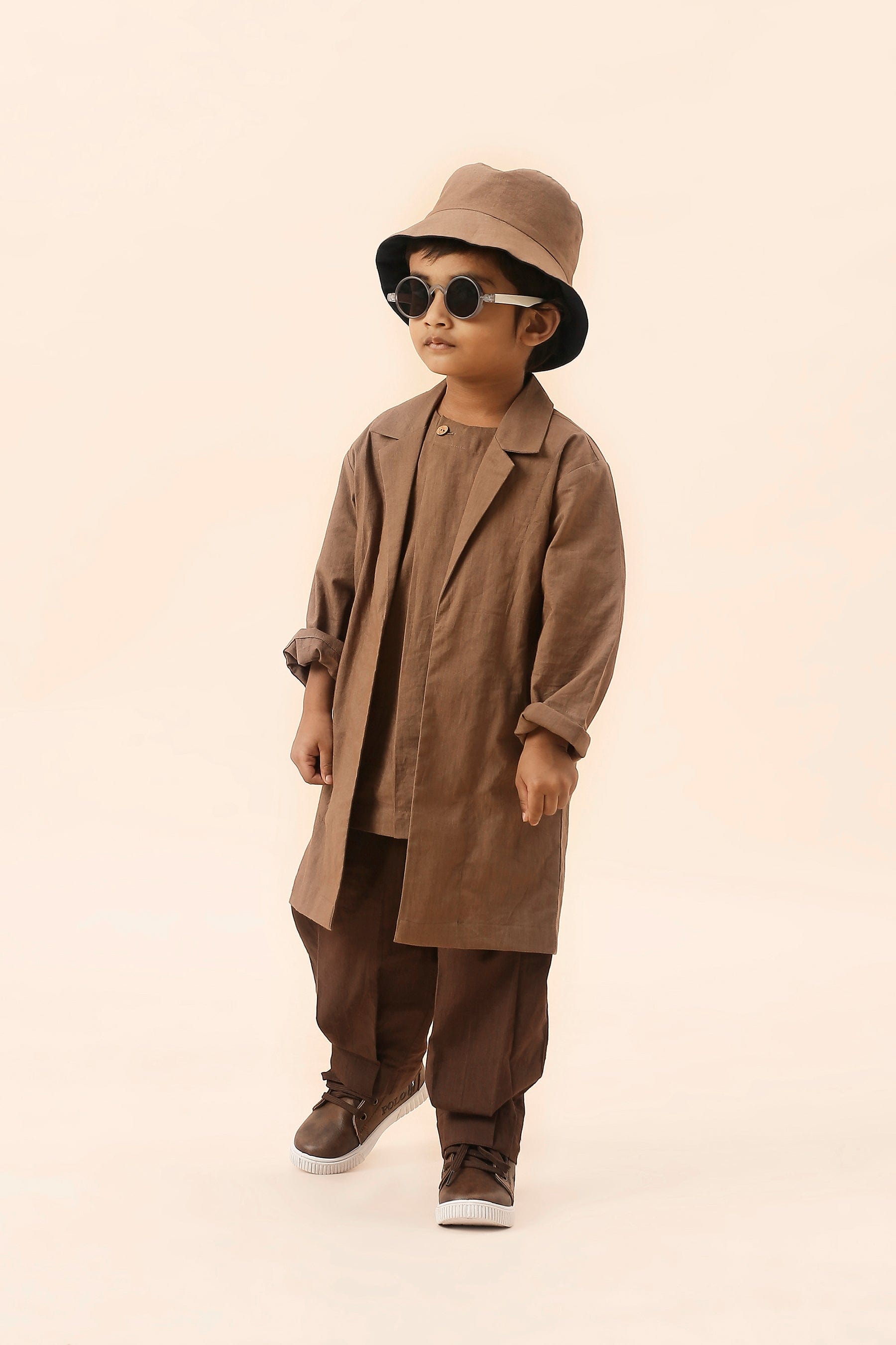 Mati Outfit Sets Mini MATI Boys Overlap Trouser Jacket Set - Beige & Brown (3 PCS)